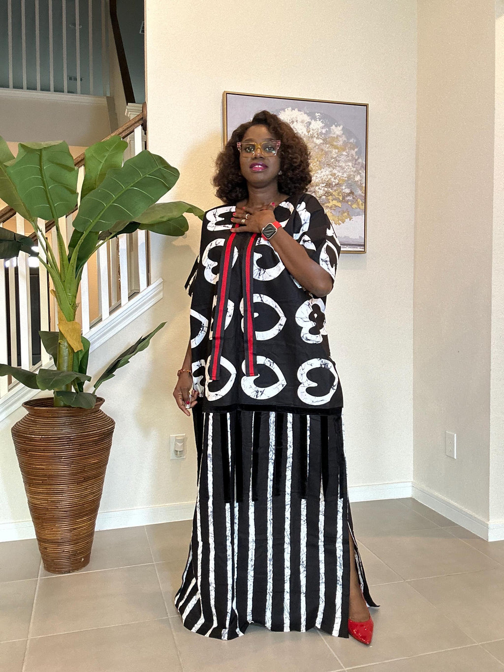 African Ankara Maxi Dress: Black & White Adire Print Kaftan with Red Detail