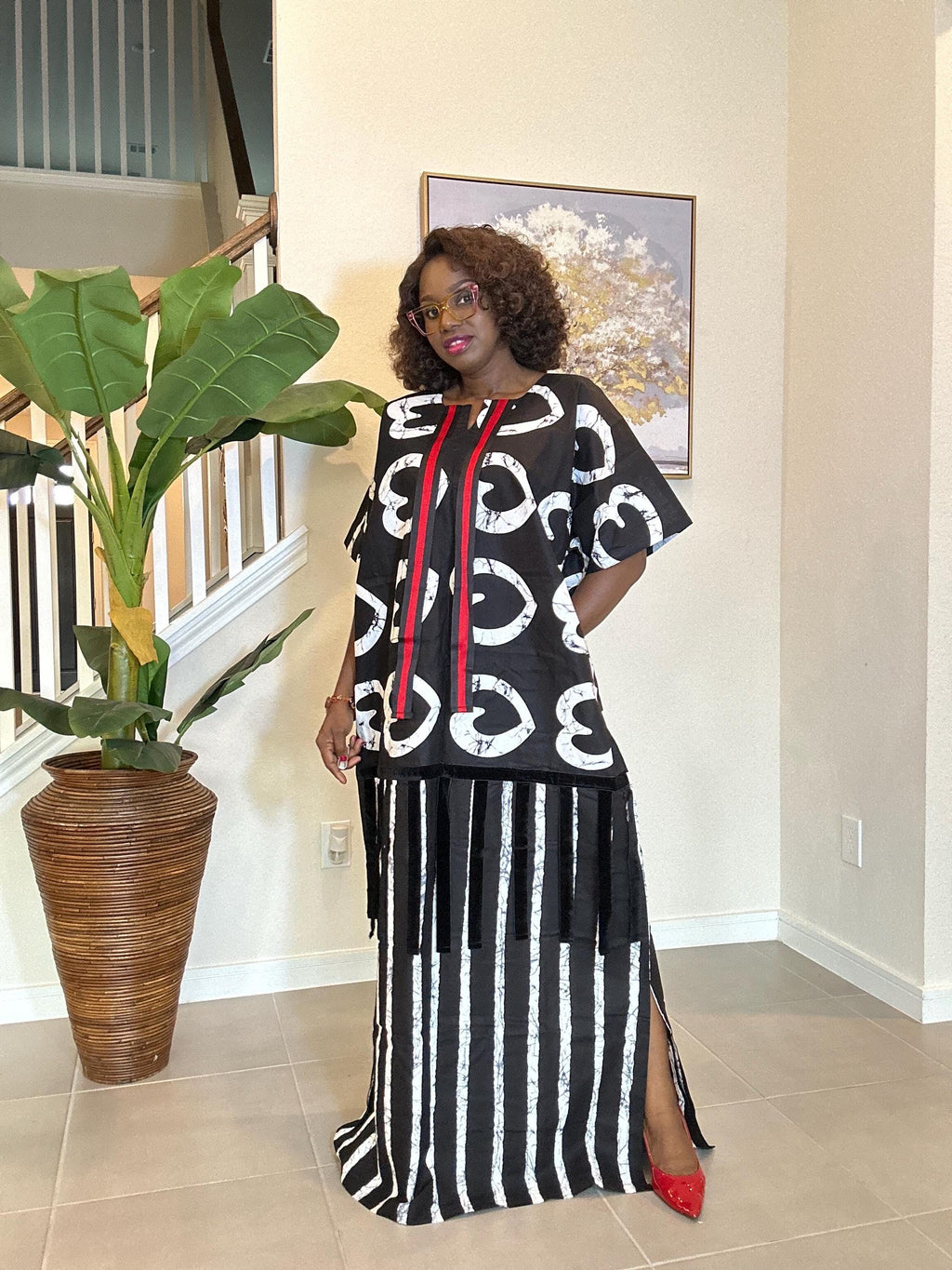 African Ankara Maxi Dress: Black & White Adire Print Kaftan with Red Detail