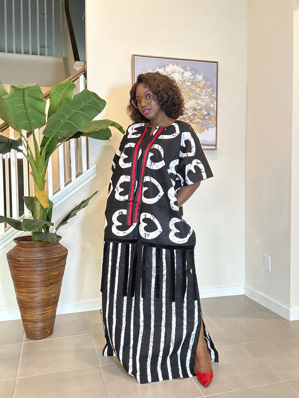 African Ankara Maxi Dress: Black & White Adire Print Kaftan with Red Detail