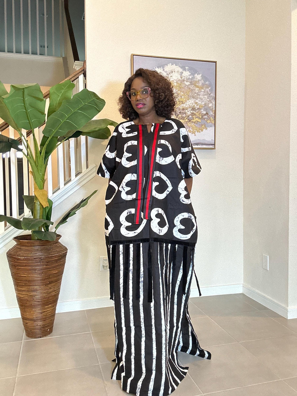 African Ankara Maxi Dress: Black & White Adire Print Kaftan with Red Detail