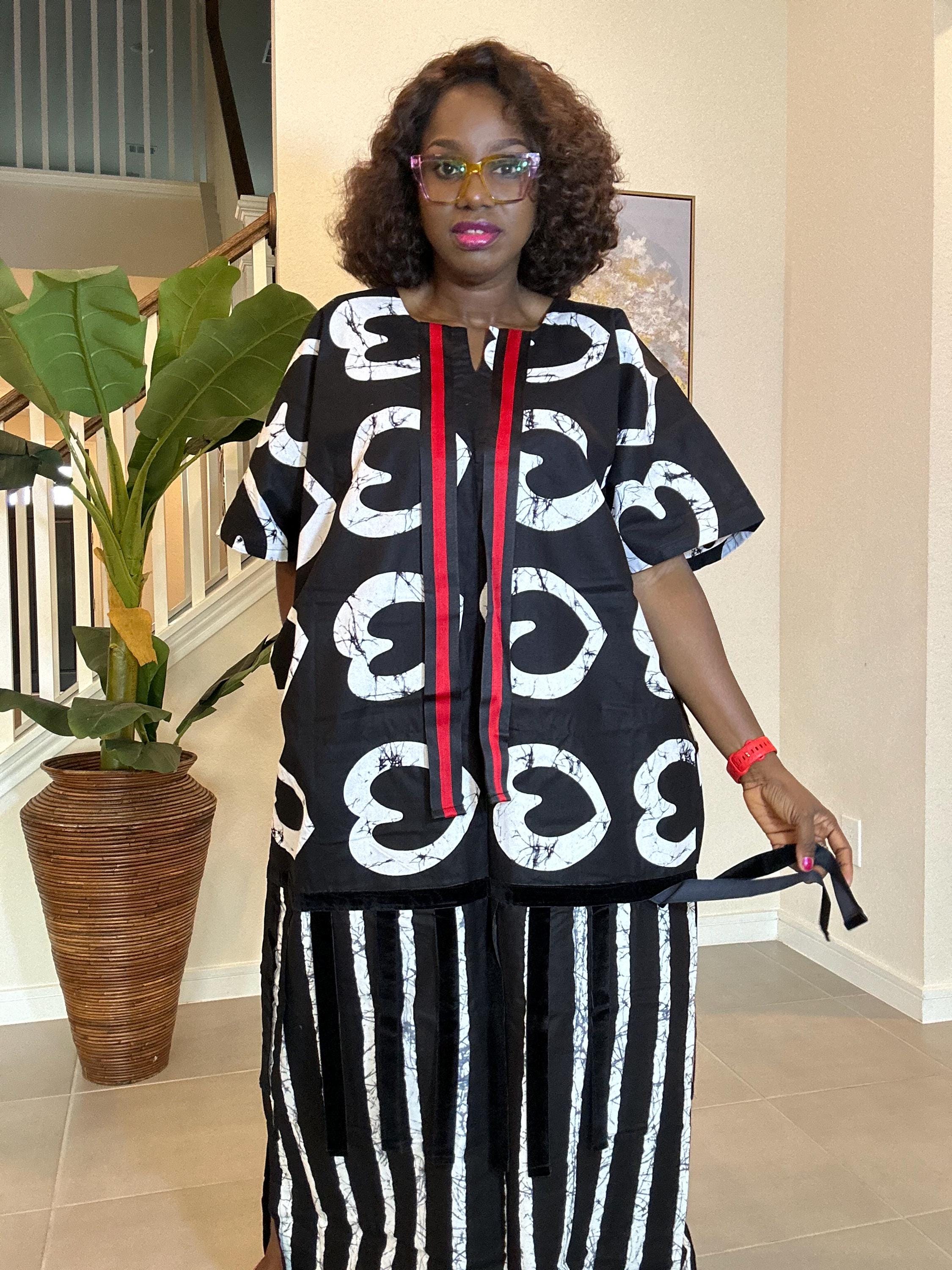 African Ankara Maxi Dress: Black & White Adire Print Kaftan with Red Detail