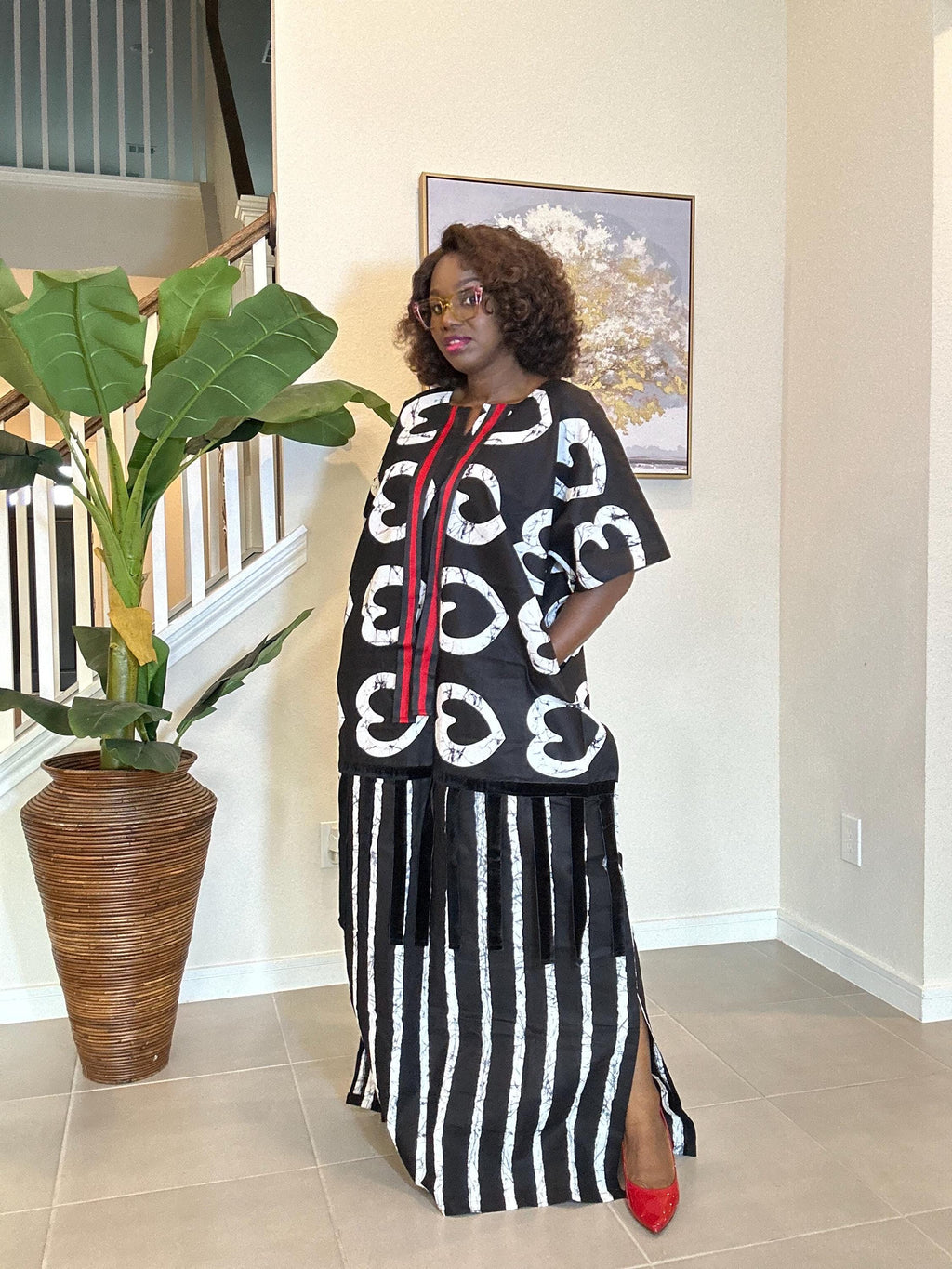 African Ankara Maxi Dress: Black & White Adire Print Kaftan with Red Detail