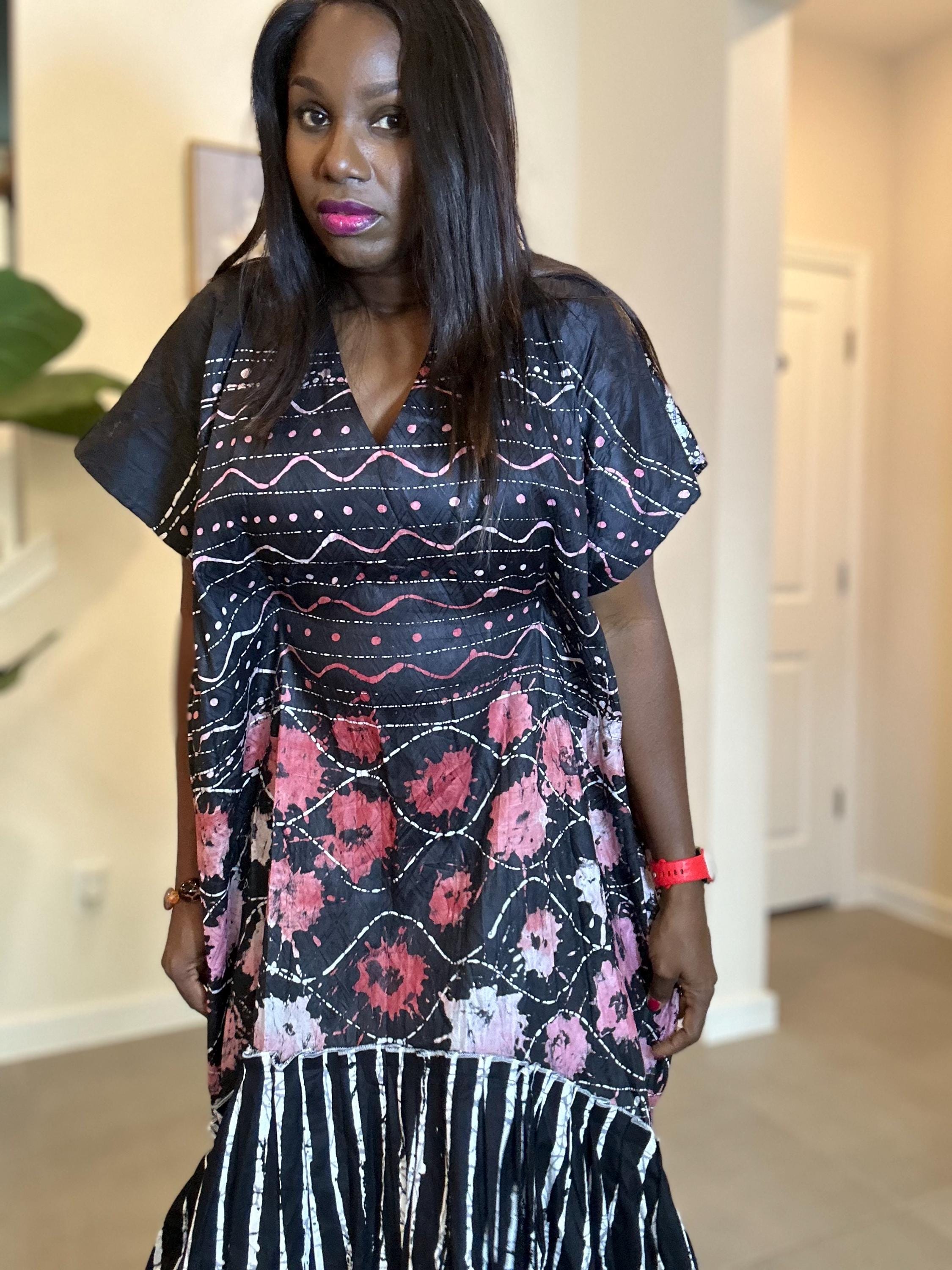 Handmade African Adire Maxi Dress: Floral & Striped Cotton Kaftan