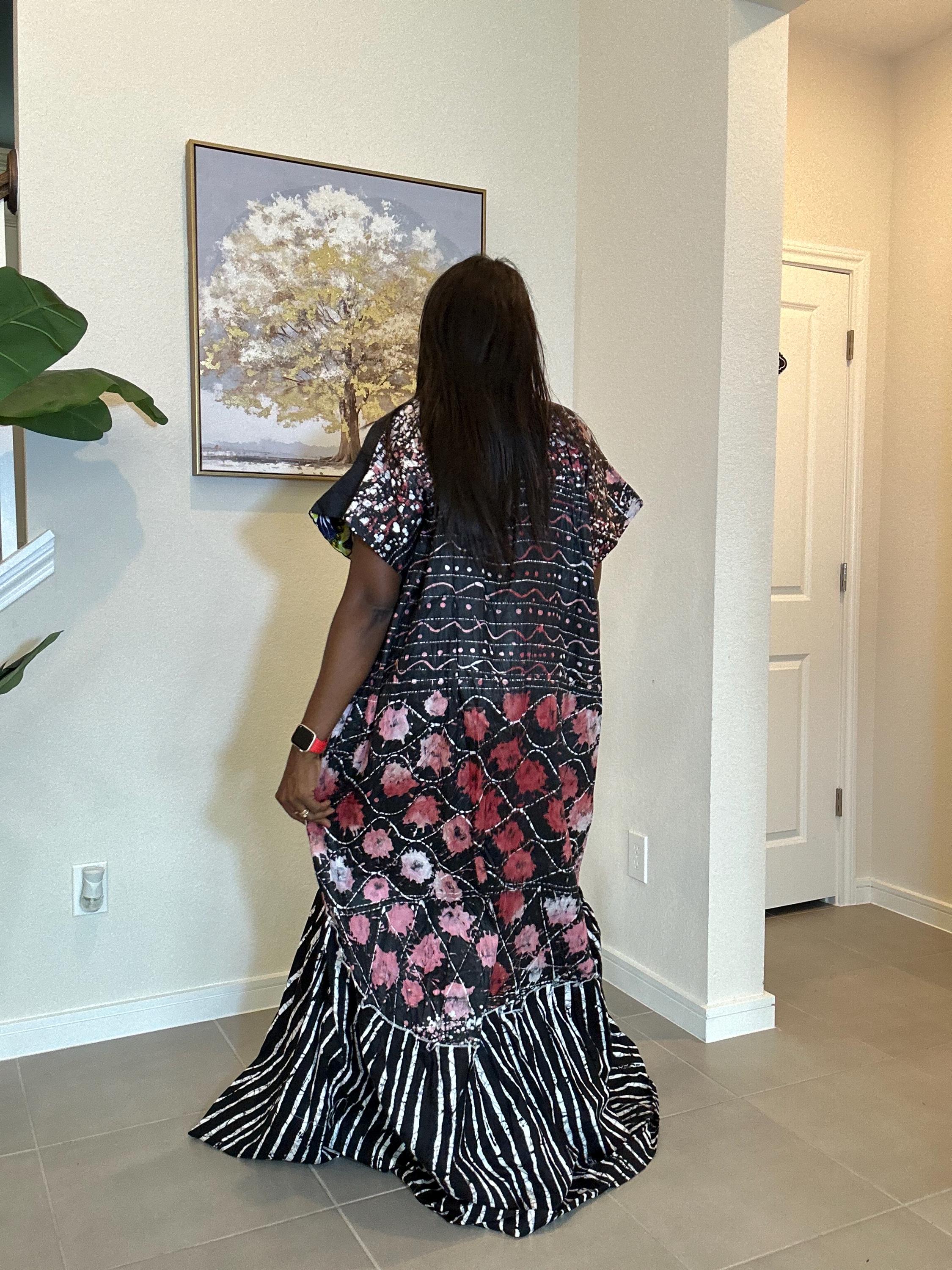 Handmade African Adire Maxi Dress: Floral & Striped Cotton Kaftan