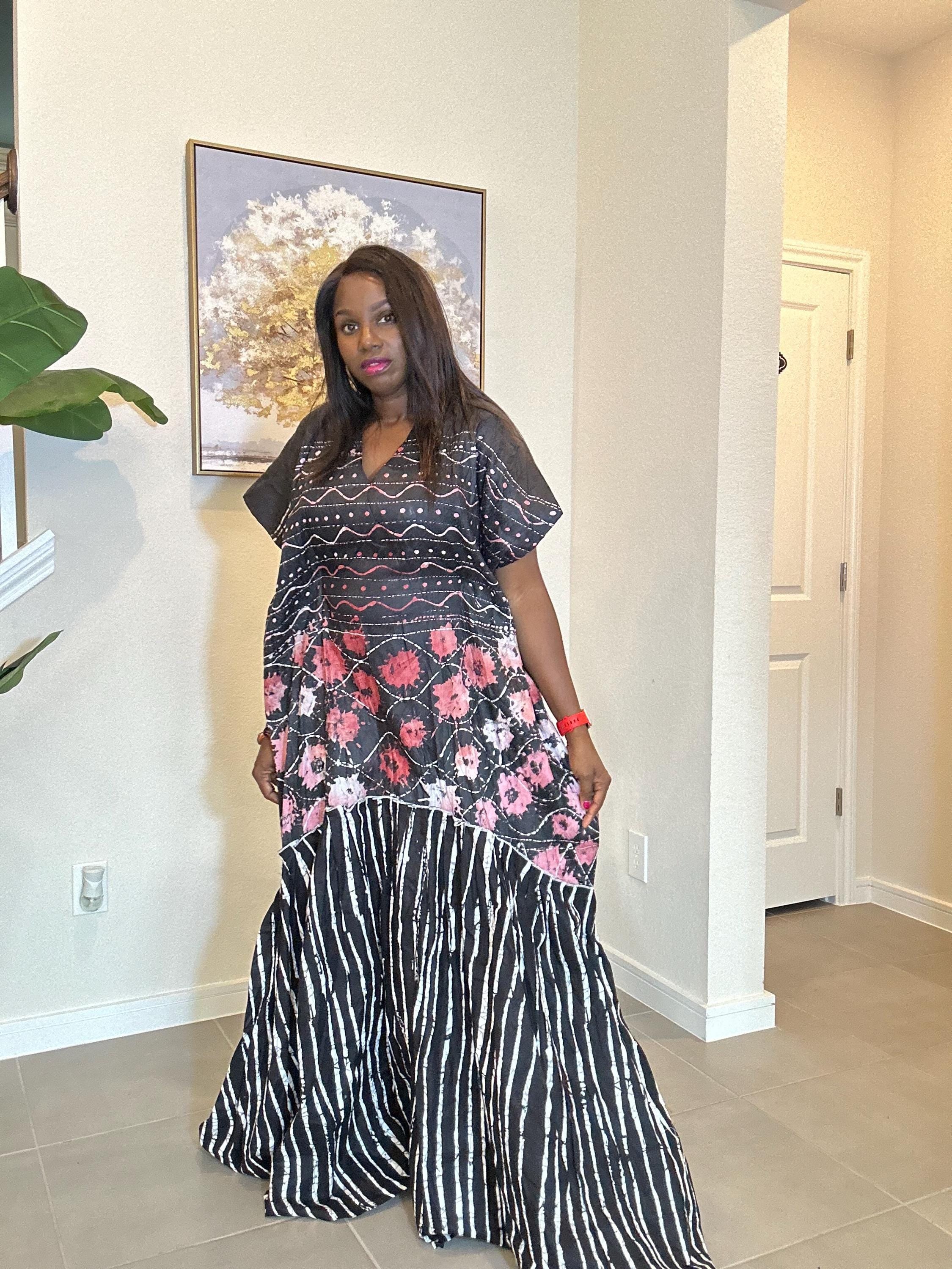 Handmade African Adire Maxi Dress: Floral & Striped Cotton Kaftan