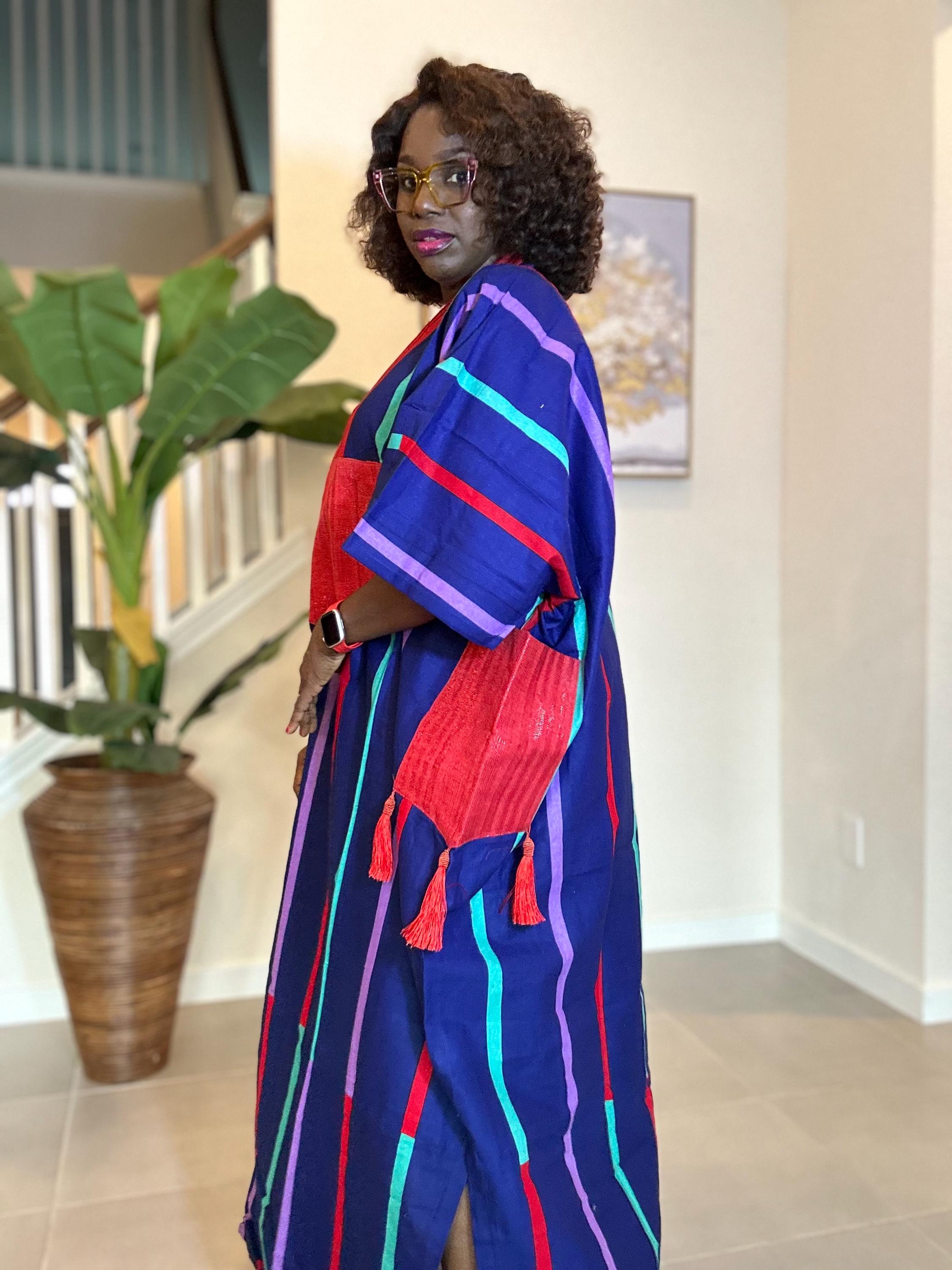 African Kaftan Dress: Striped Boubou with Red Patch - Dashiki Style