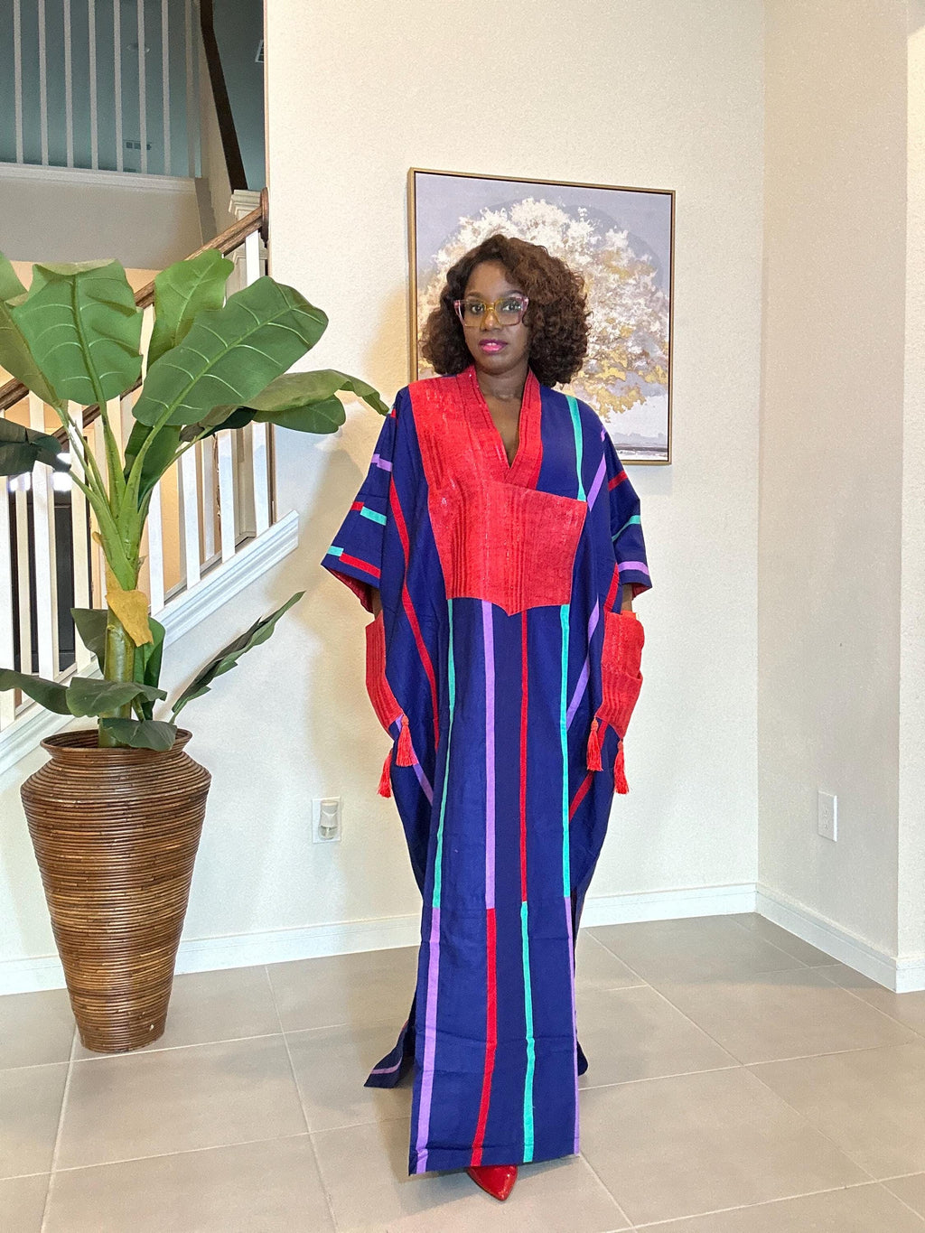 African Kaftan Dress: Striped Boubou with Red Patch - Dashiki Style
