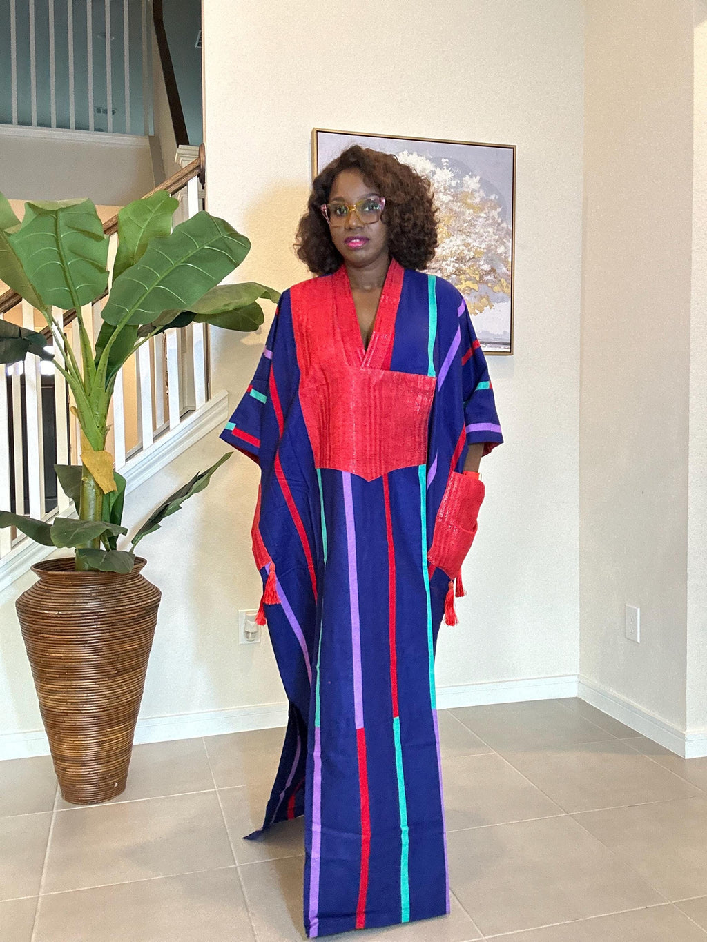African Kaftan Dress: Striped Boubou with Red Patch - Dashiki Style