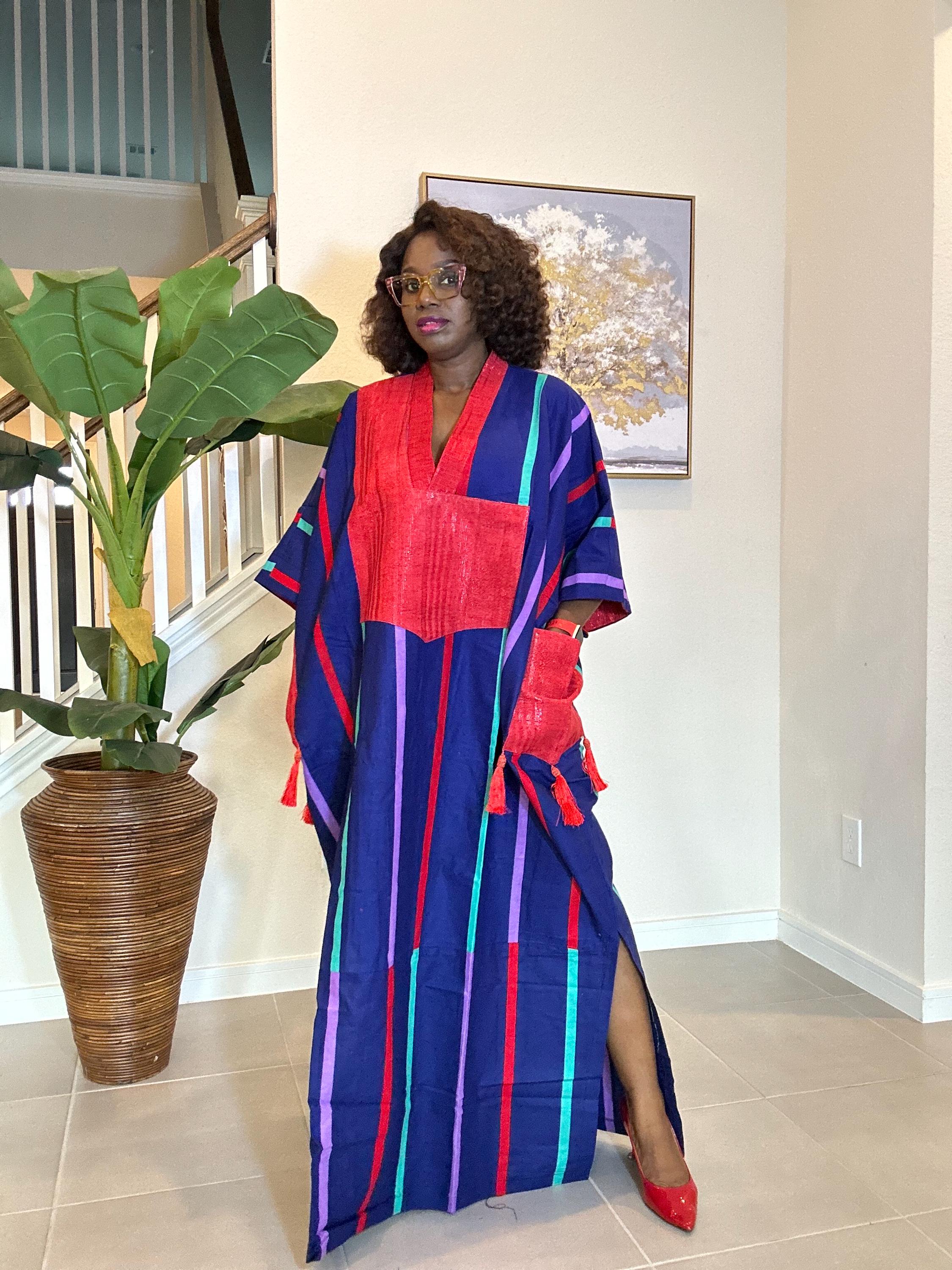 African Kaftan Dress: Striped Boubou with Red Patch - Dashiki Style