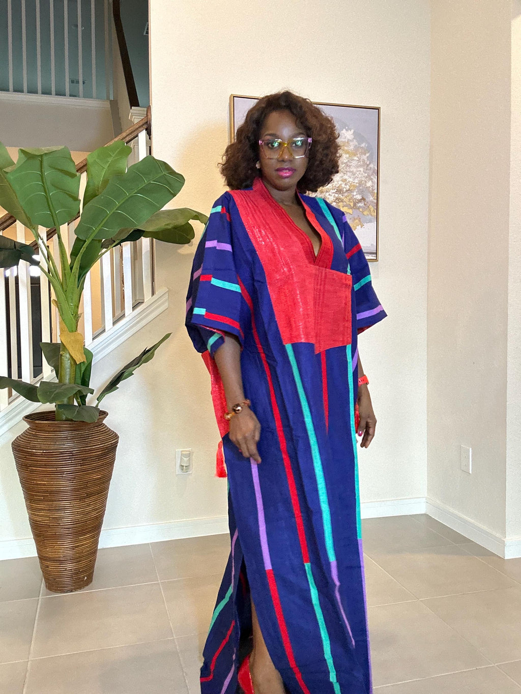 African Kaftan Dress: Striped Boubou with Red Patch - Dashiki Style