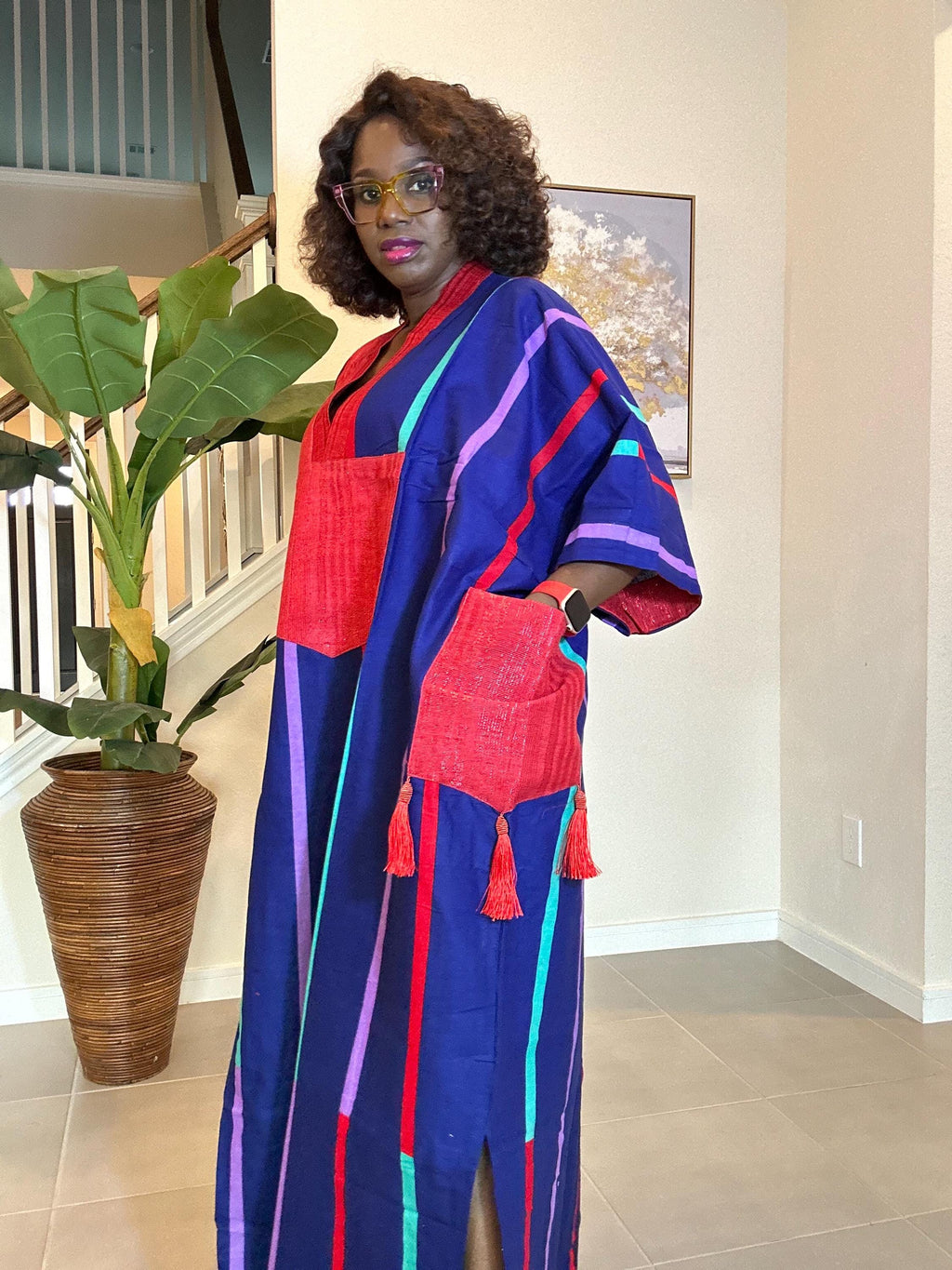 African Kaftan Dress: Striped Boubou with Red Patch - Dashiki Style