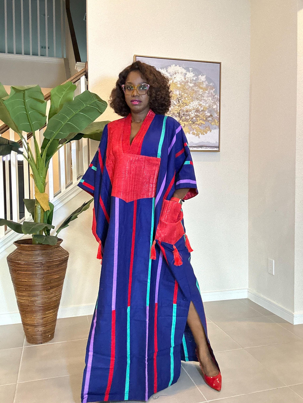 African Kaftan Dress: Striped Boubou with Red Patch - Dashiki Style