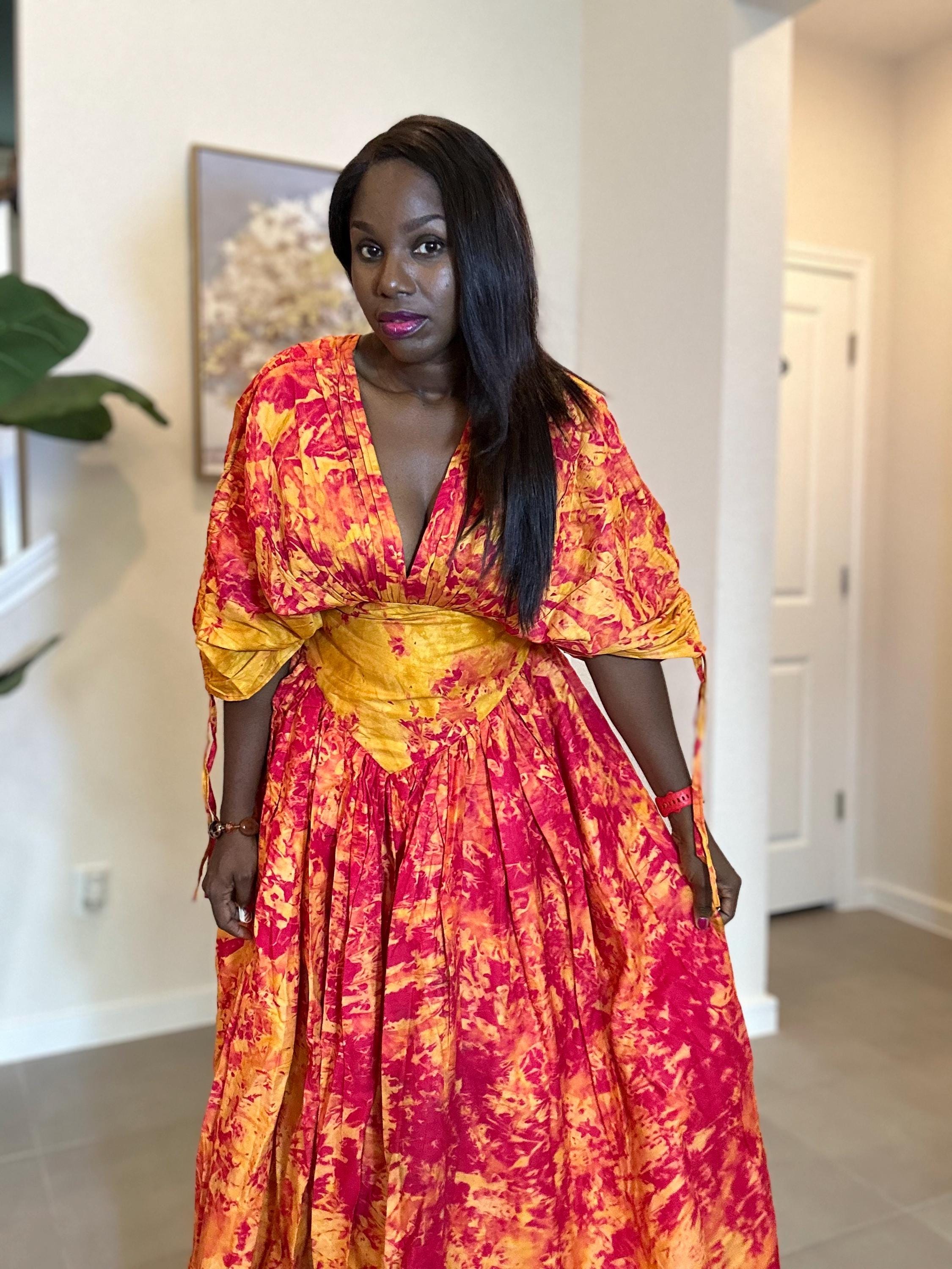Handmade African Maxi Dress: Red & Yellow Tie-Dye Adire Gown