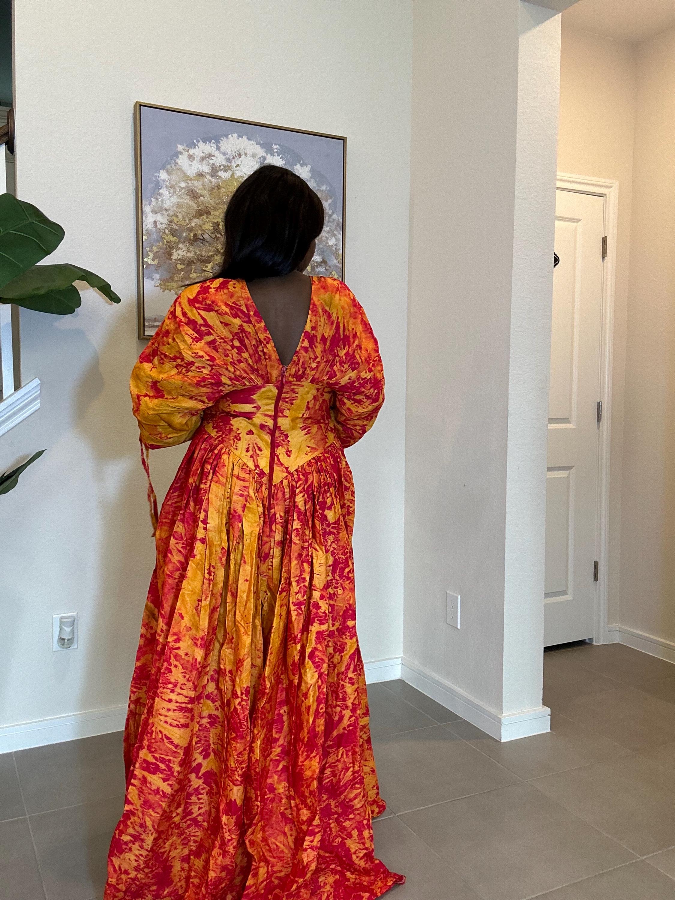 Handmade African Maxi Dress: Red & Yellow Tie-Dye Adire Gown