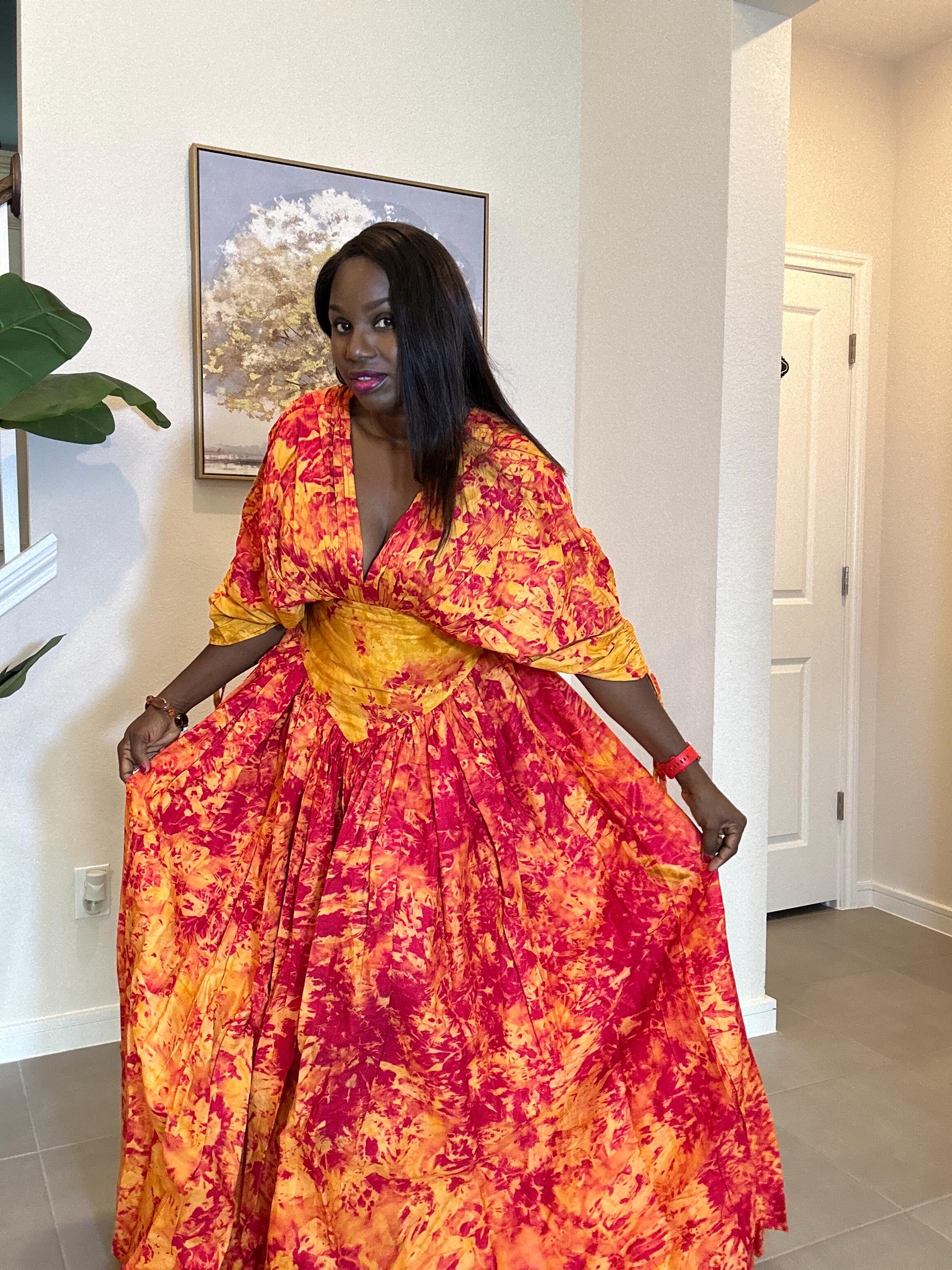 Handmade African Maxi Dress: Red & Yellow Tie-Dye Adire Gown