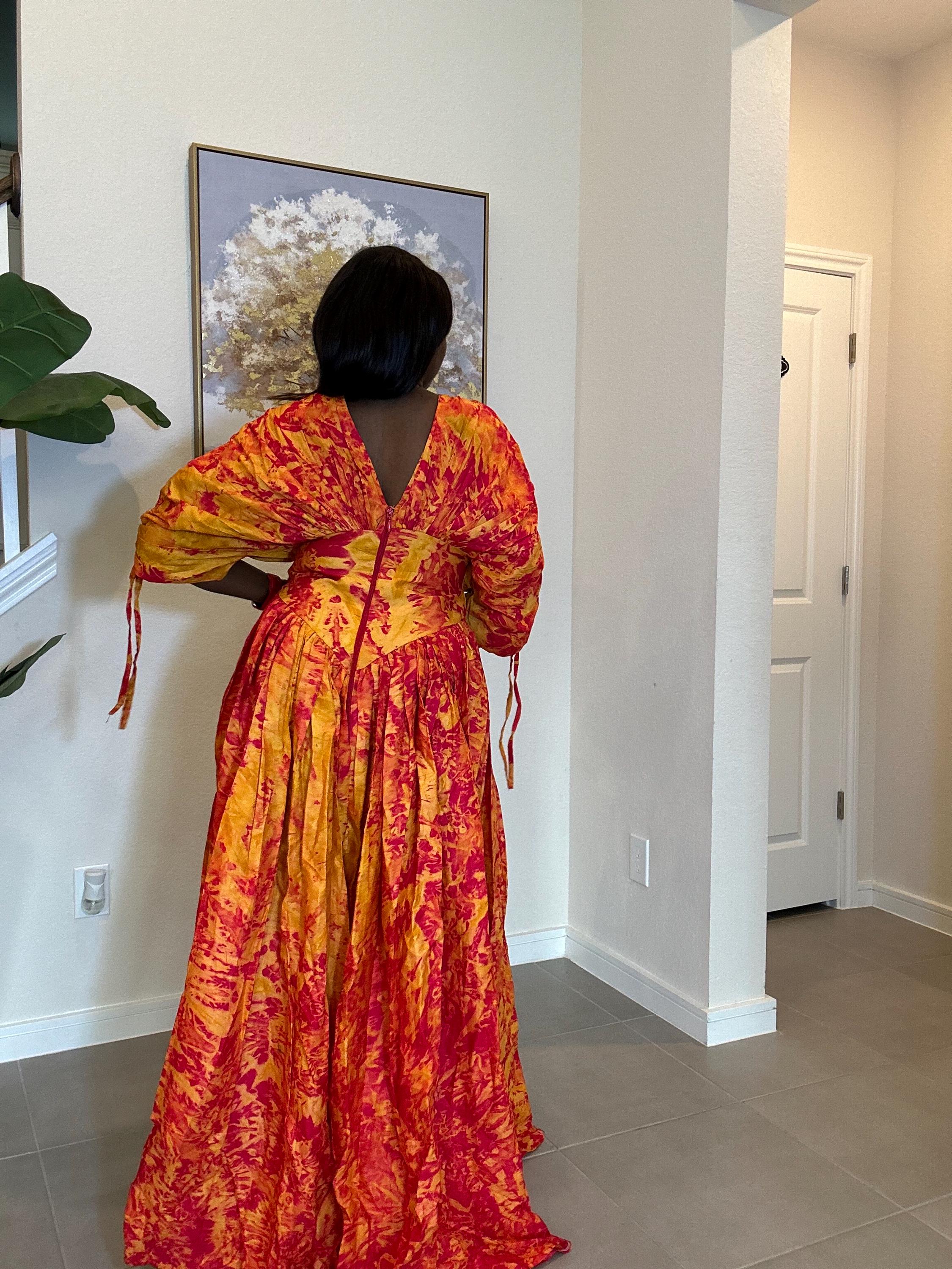 Handmade African Maxi Dress: Red & Yellow Tie-Dye Adire Gown