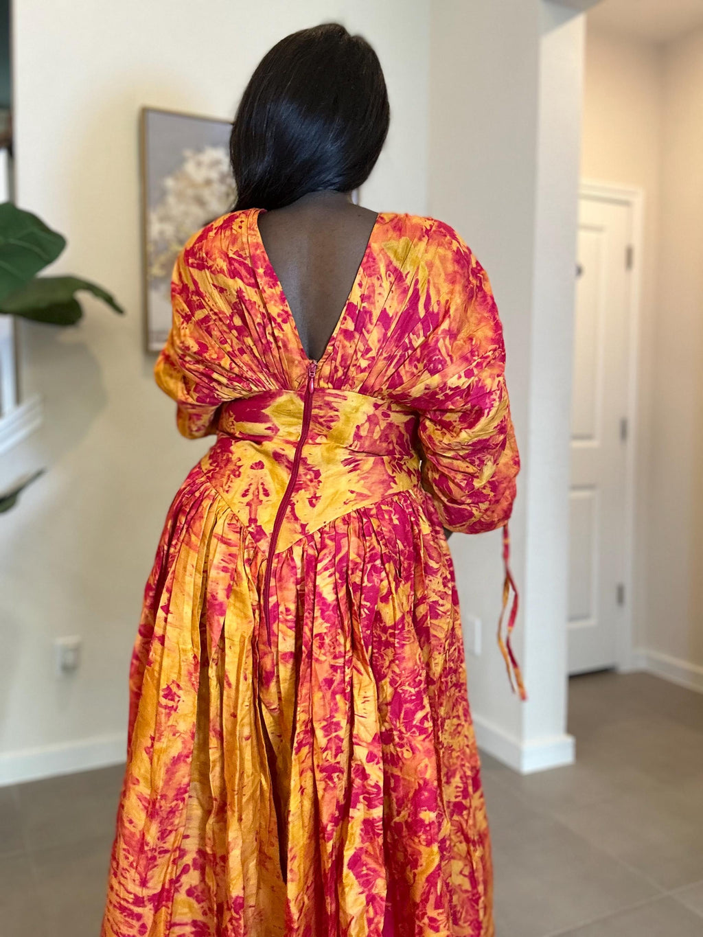 Handmade African Maxi Dress: Red & Yellow Tie-Dye Adire Gown