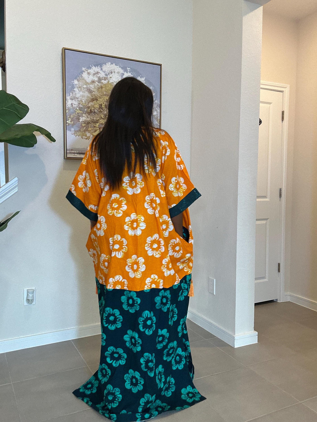Handmade Ankara Kaftan Dress: Orange Teal Floral Print Maxi Boubou