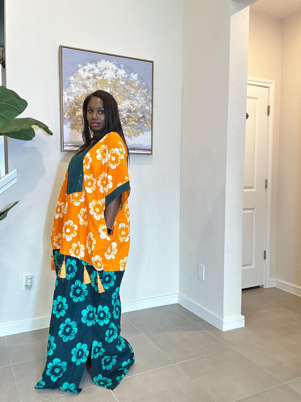 Handmade Ankara Kaftan Dress: Orange Teal Floral Print Maxi Boubou