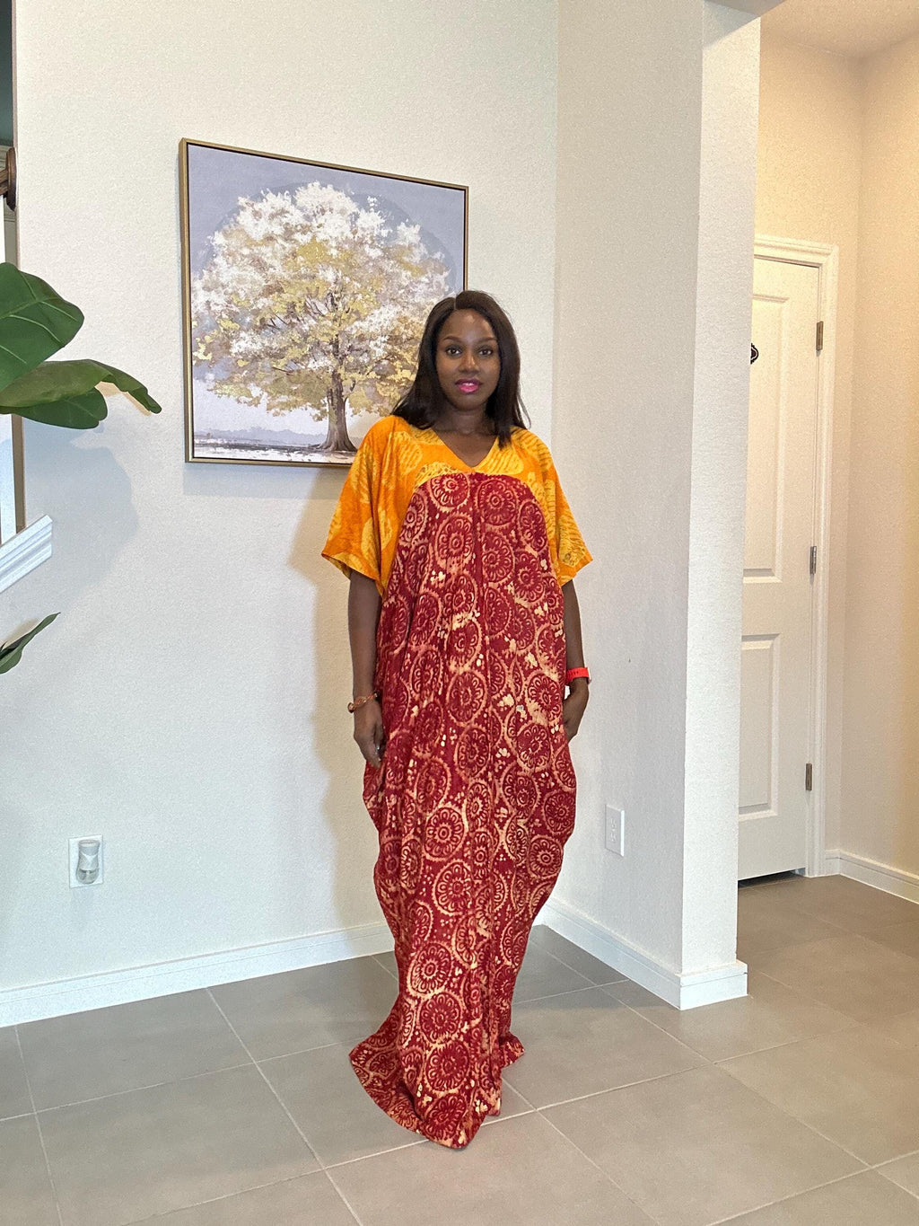 African Adire Kaftan Dress, Red Yellow Batik Cotton Maxi Boubou