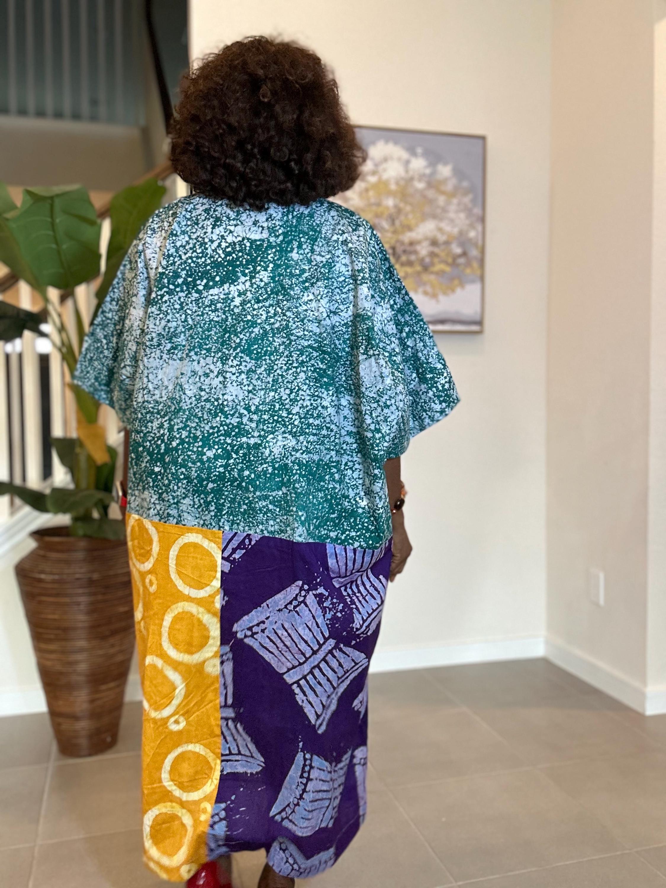 Patchwork Adire Dress: African Print Kaftan, Boho Summer Midi Dress