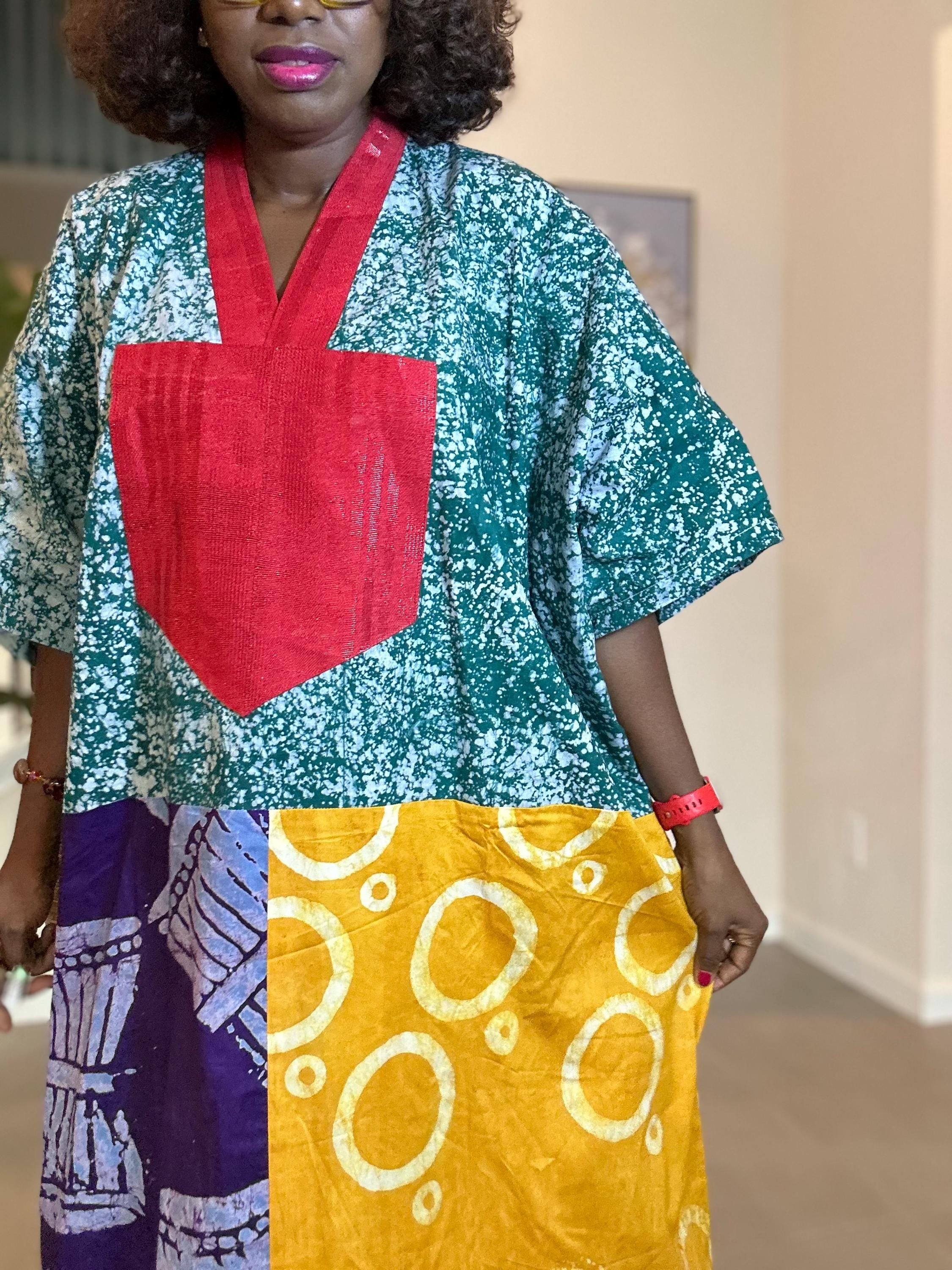 Patchwork Adire Dress: African Print Kaftan, Boho Summer Midi Dress