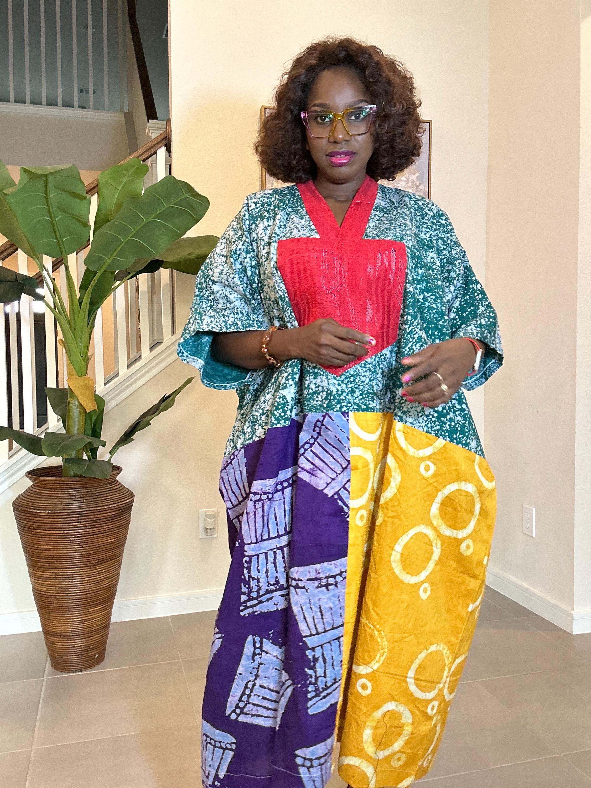 Patchwork Adire Dress: African Print Kaftan, Boho Summer Midi Dress