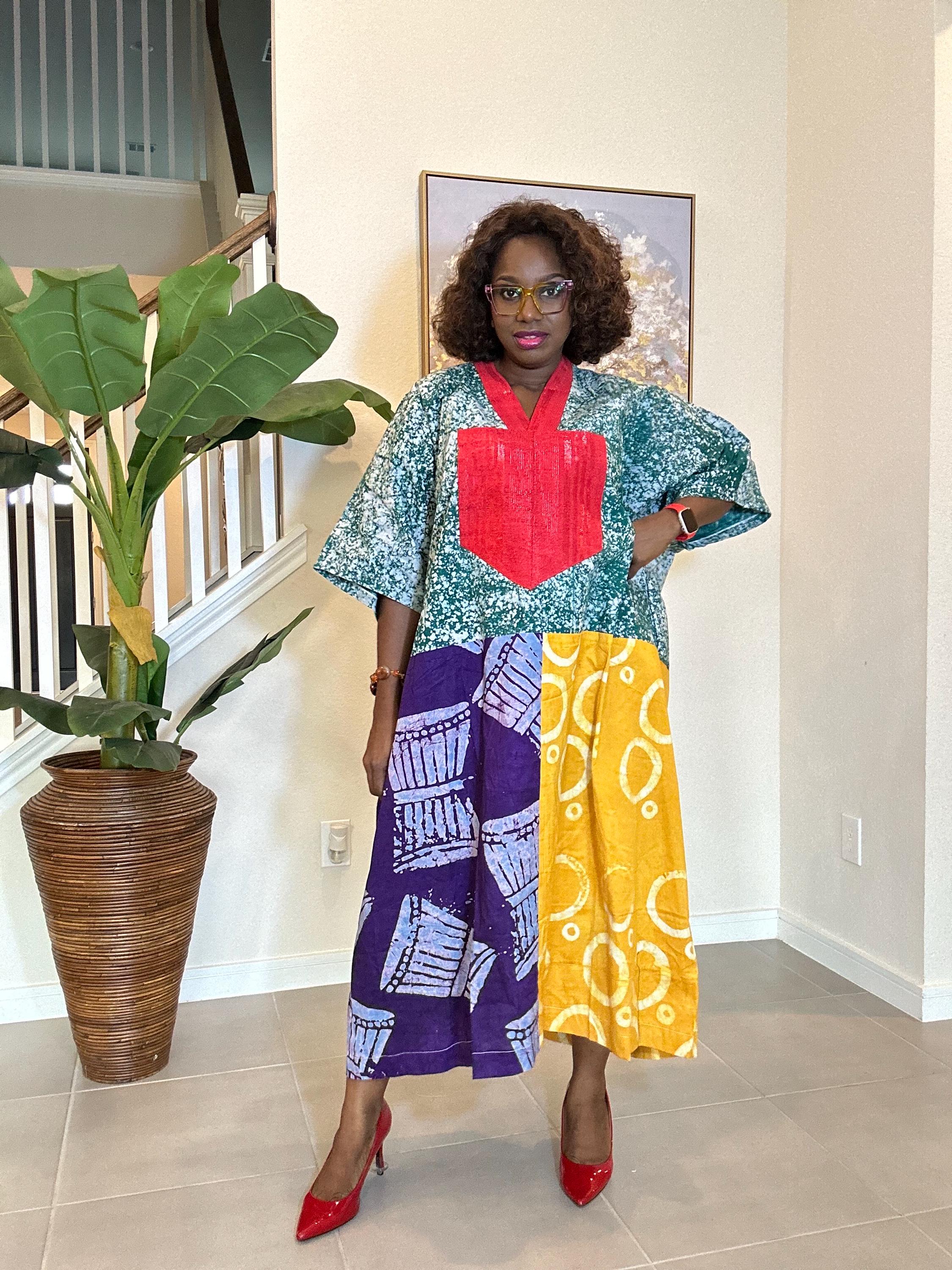 Patchwork Adire Dress: African Print Kaftan, Boho Summer Midi Dress