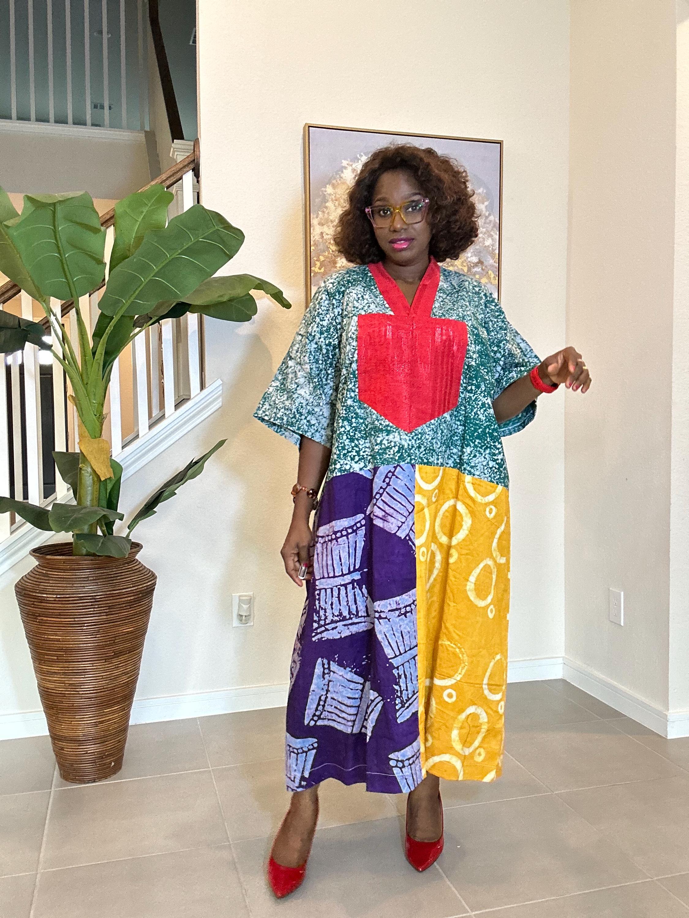 Patchwork Adire Dress: African Print Kaftan, Boho Summer Midi Dress