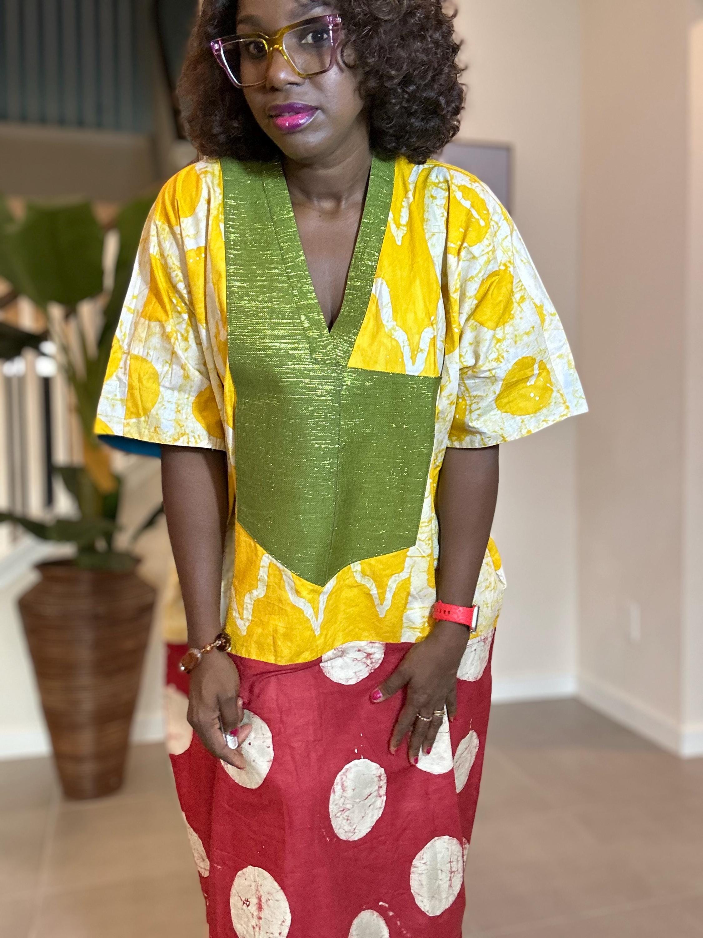 Patchwork Adire Dress: African Print Kaftan, Boho Summer Midi Dress