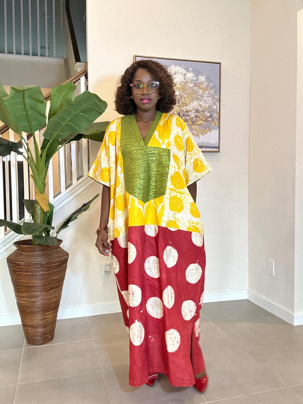 Patchwork Adire Dress: African Print Kaftan, Boho Summer Midi Dress