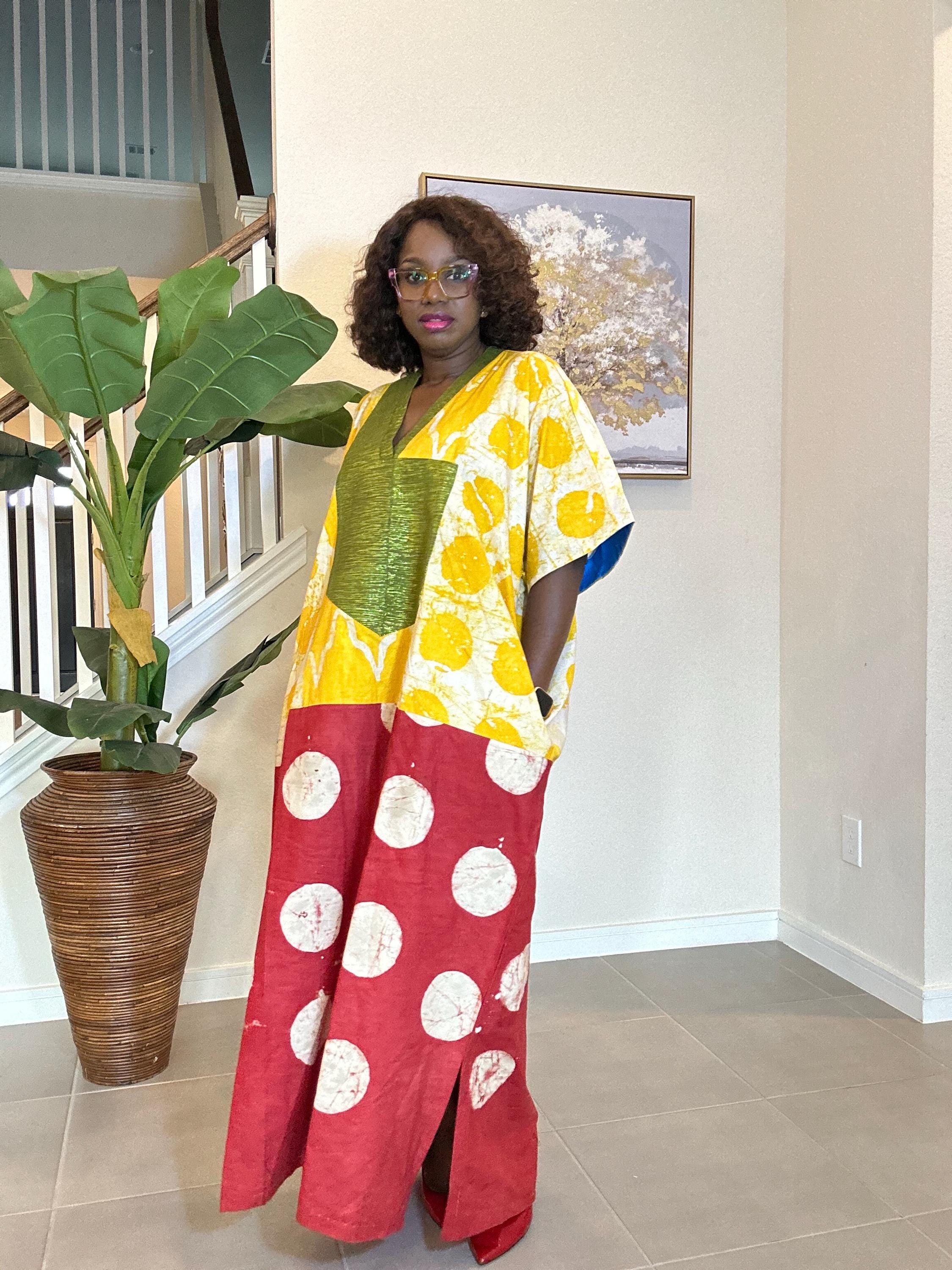 Patchwork Adire Dress: African Print Kaftan, Boho Summer Midi Dress