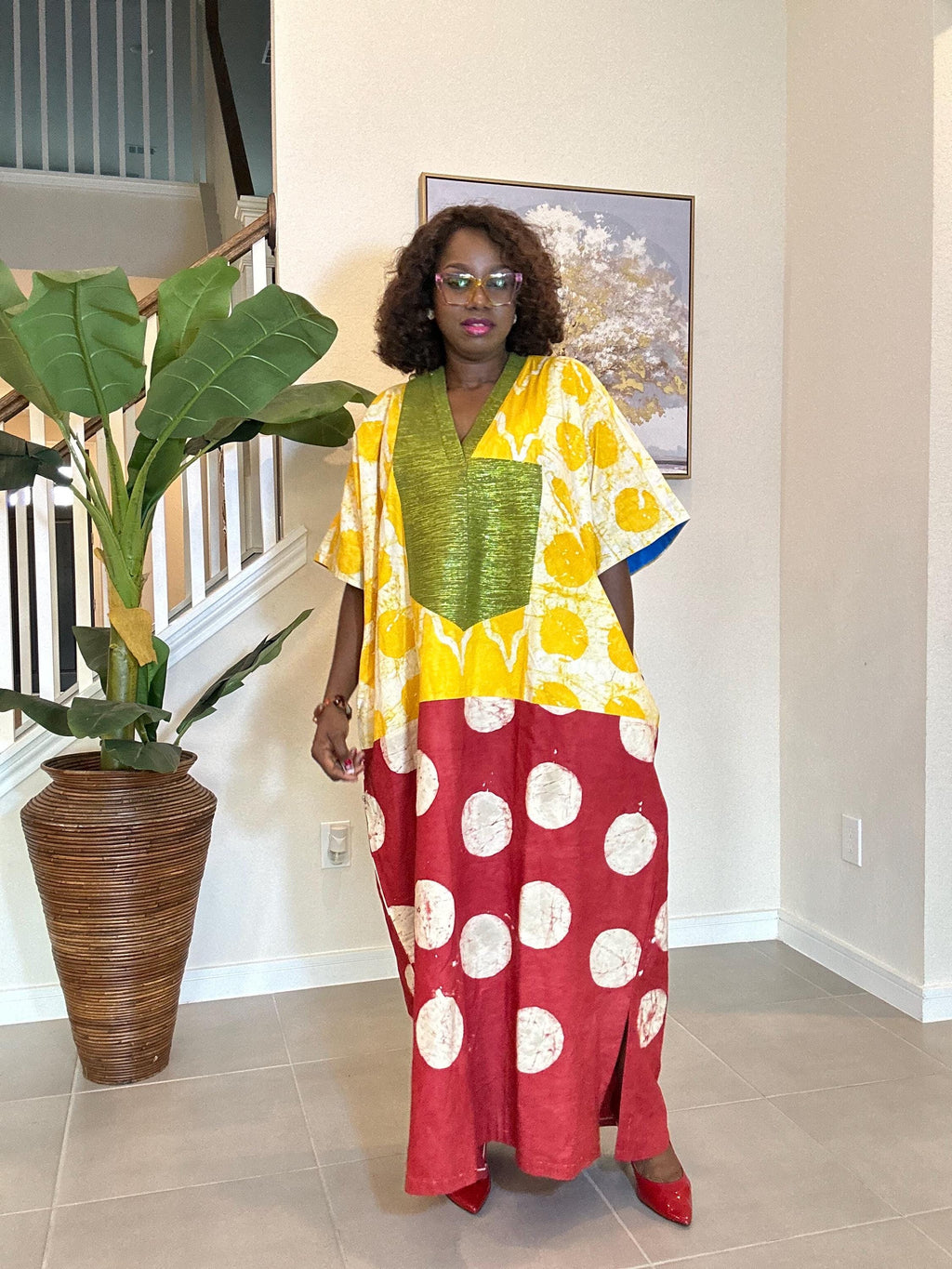 Patchwork Adire Dress: African Print Kaftan, Boho Summer Midi Dress