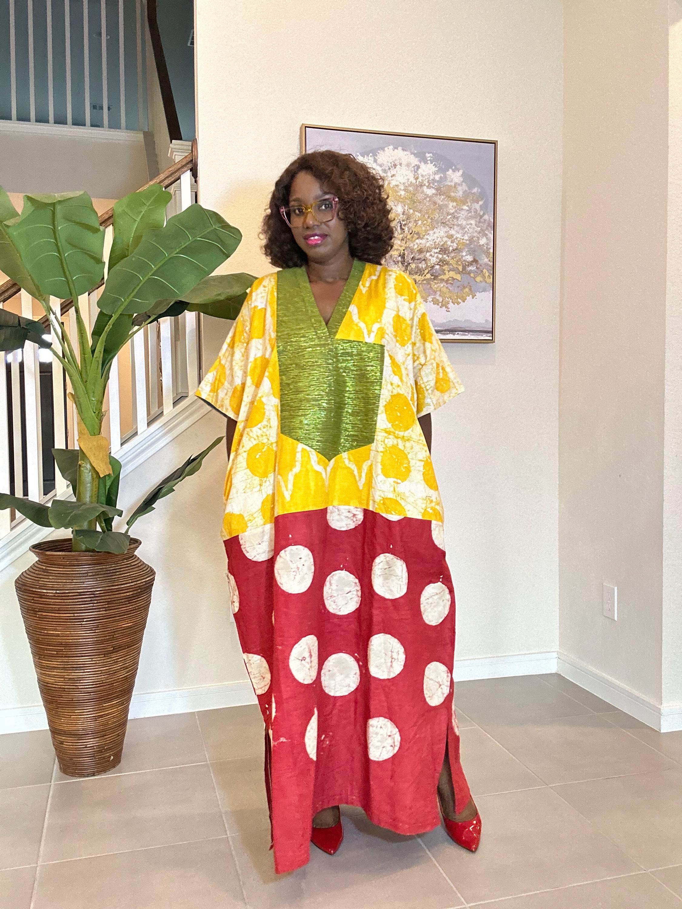 Patchwork Adire Dress: African Print Kaftan, Boho Summer Midi Dress