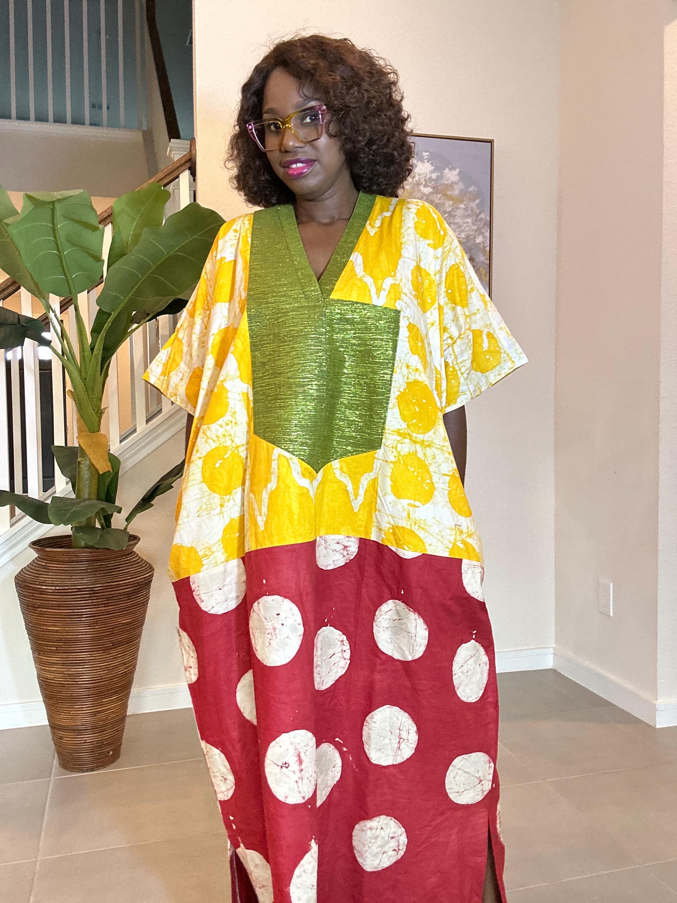Patchwork Adire Dress: African Print Kaftan, Boho Summer Midi Dress