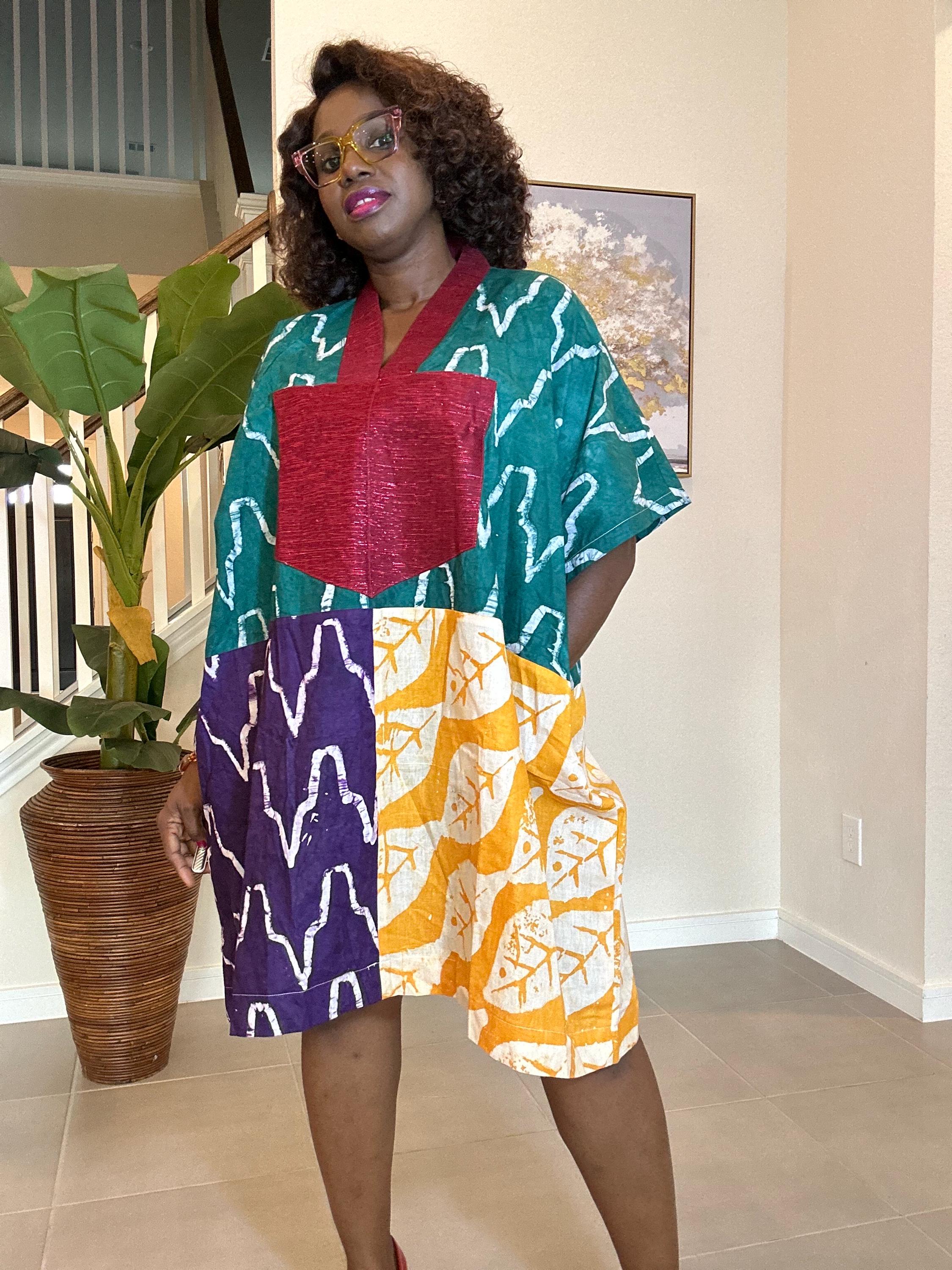 Patchwork Adire Dress: African Print Kaftan, Boho Summer Short Dress