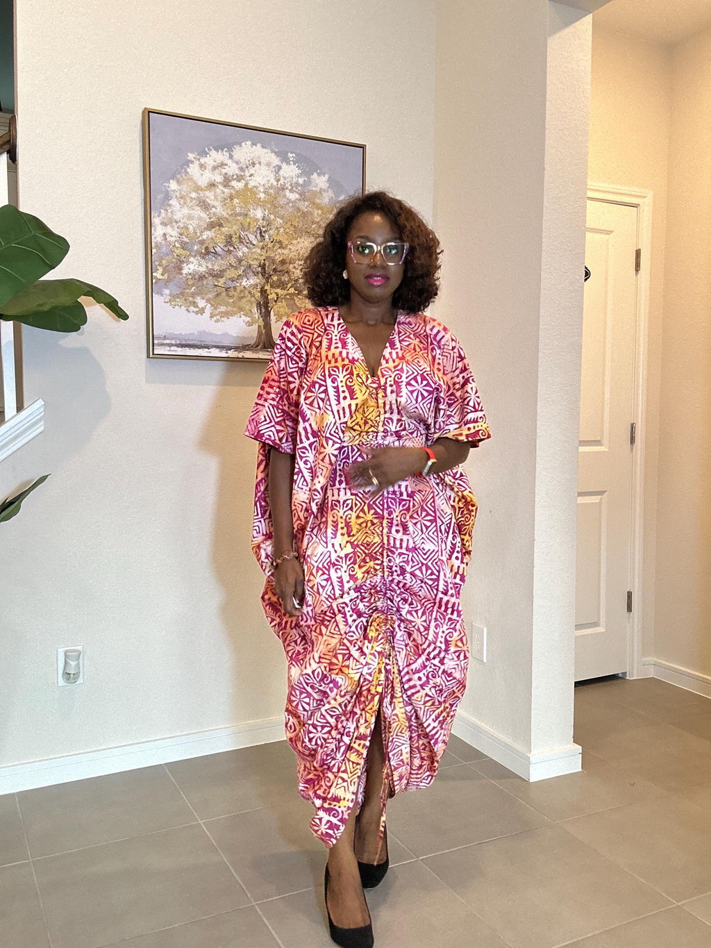 Adire Kaftan Dress – Handmade African Batik Maxi Dress with Drawstring Detail | Boho Afrocentric Fashion for Women, Nigerian fashion