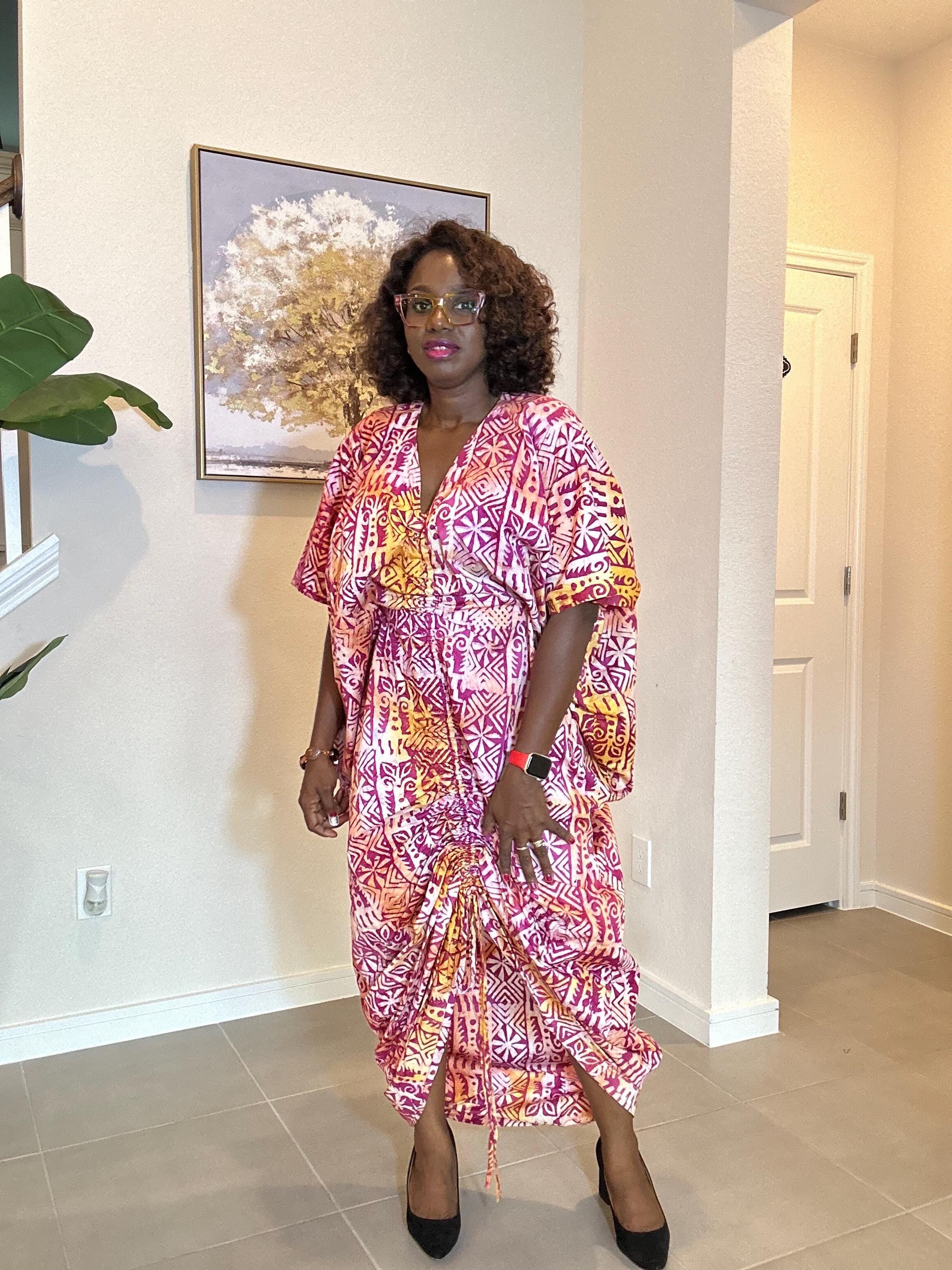 Adire Kaftan Dress – Handmade African Batik Maxi Dress with Drawstring Detail | Boho Afrocentric Fashion for Women, Nigerian fashion