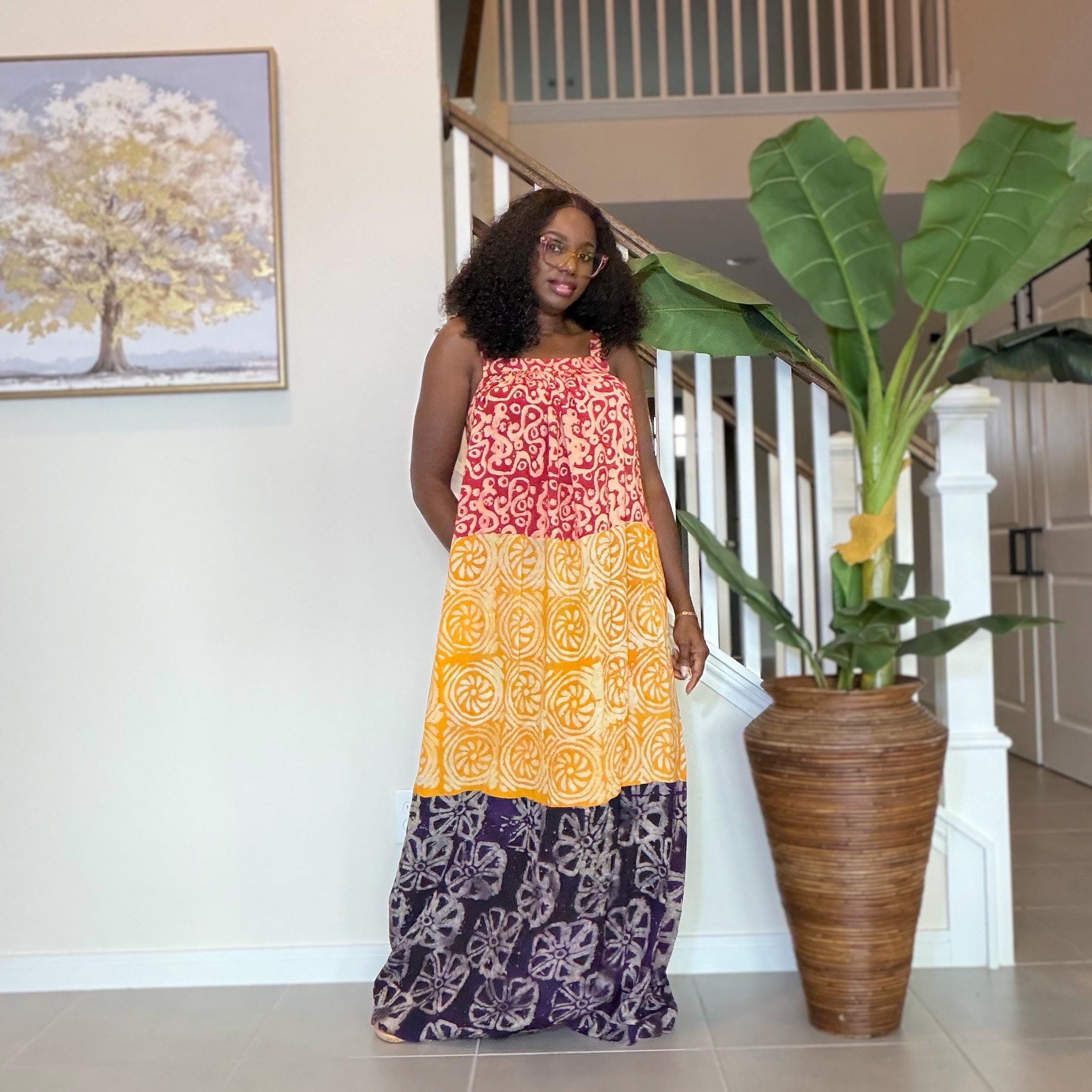 Handmade Adire Maxi Dress: African Print Sleeveless Boho Summer Style
