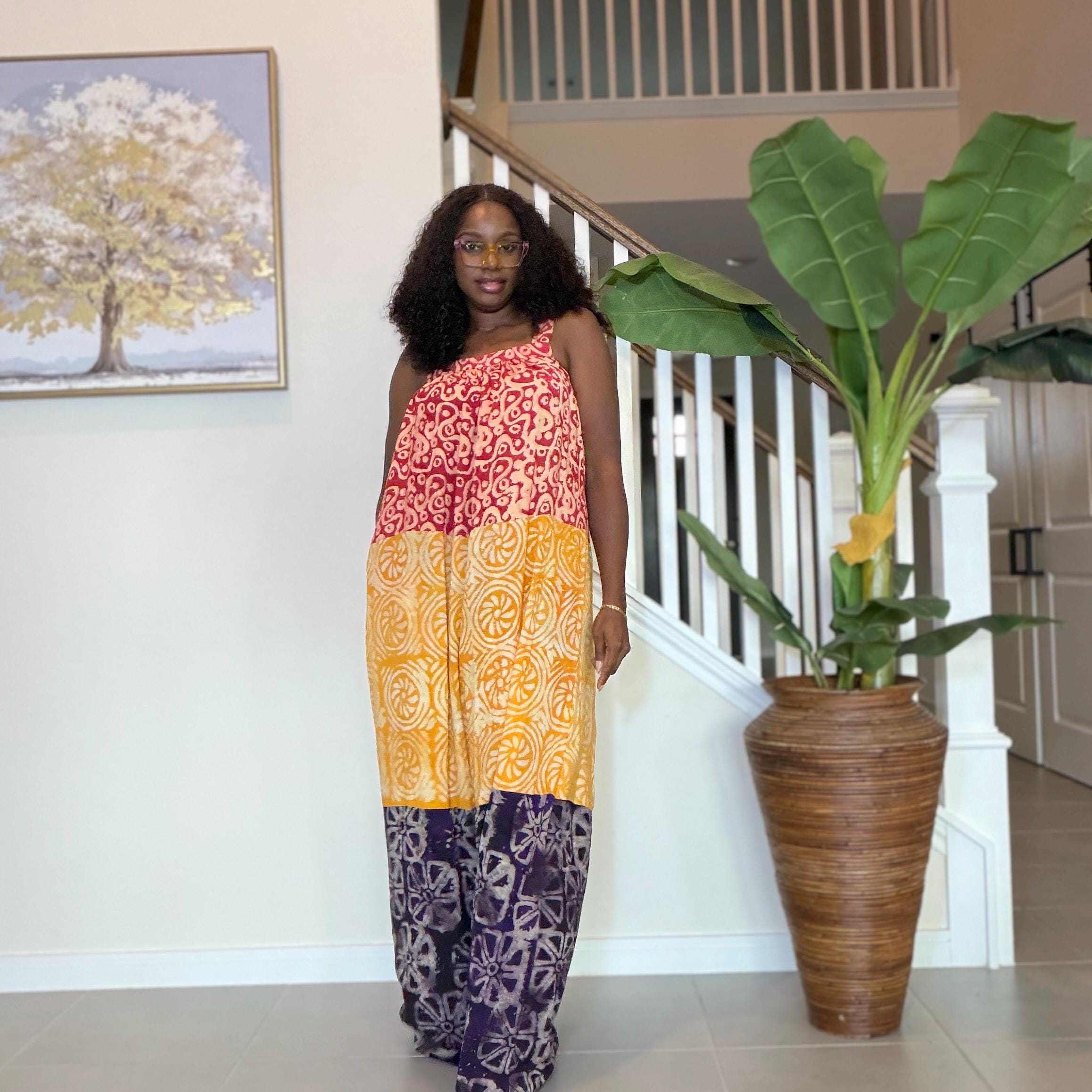 Handmade Adire Maxi Dress: African Print Sleeveless Boho Summer Style