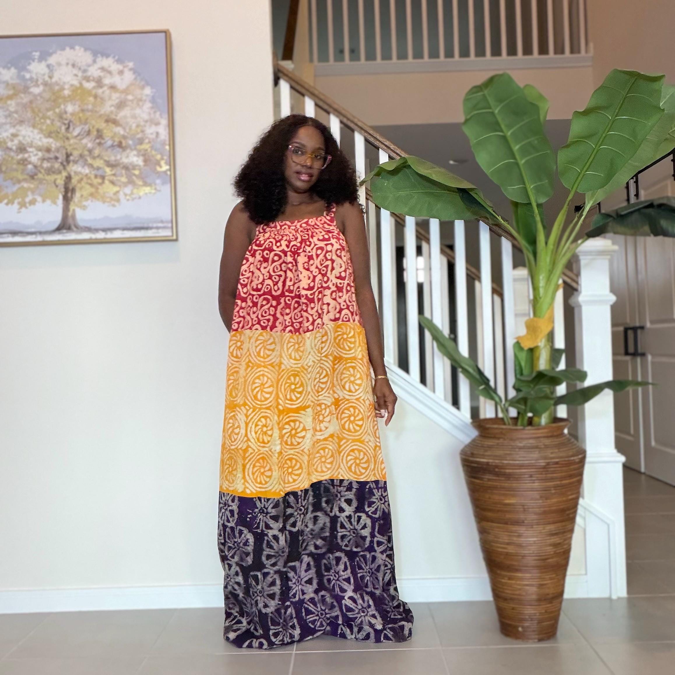 Handmade Adire Maxi Dress: African Print Sleeveless Boho Summer Style