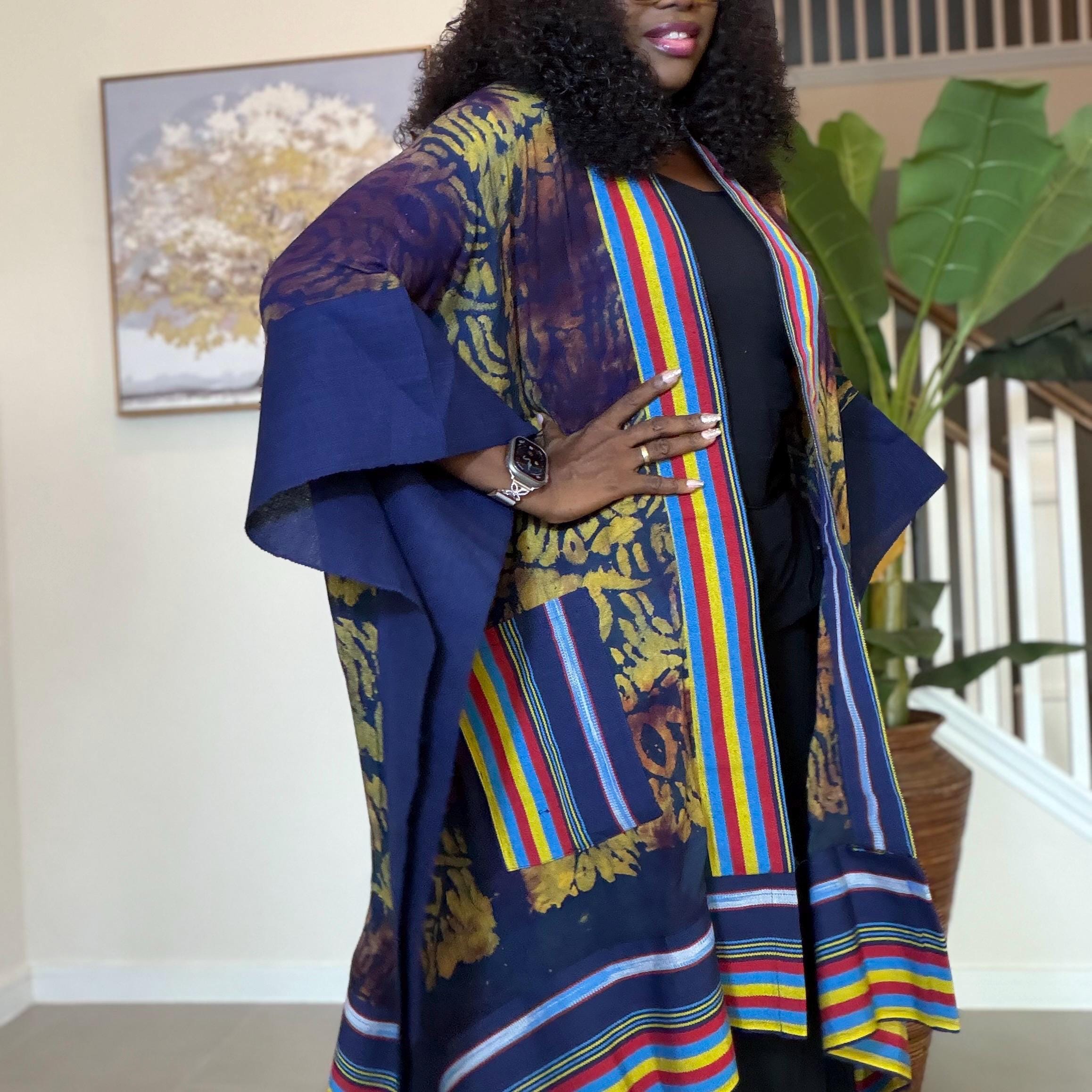 Handmade African Adire Aso Oke Kimono: Boho Print Robe