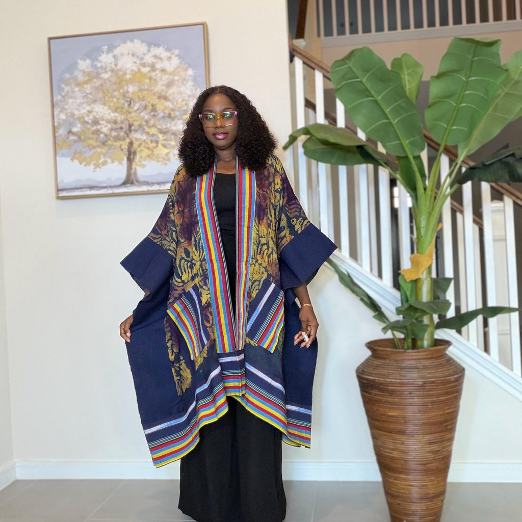 Handmade African Adire Aso Oke Kimono: Boho Print Robe