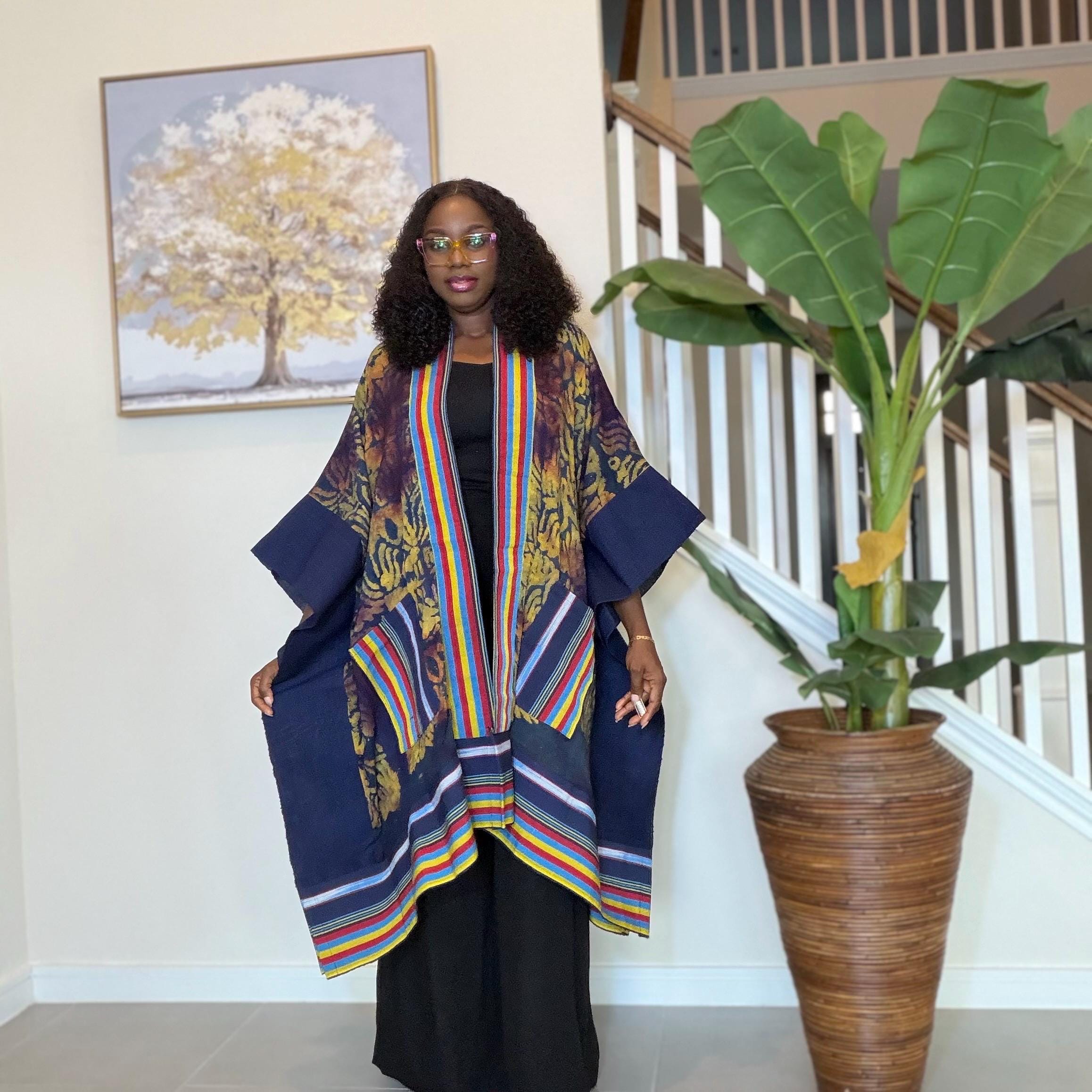 Handmade African Adire Aso Oke Kimono: Boho Print Robe