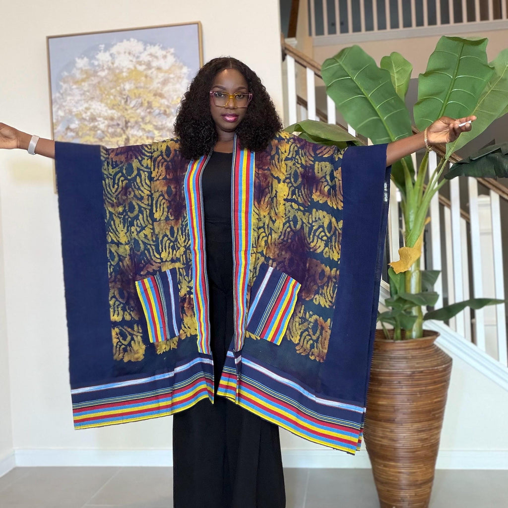 Handmade African Adire Aso Oke Kimono: Boho Print Robe
