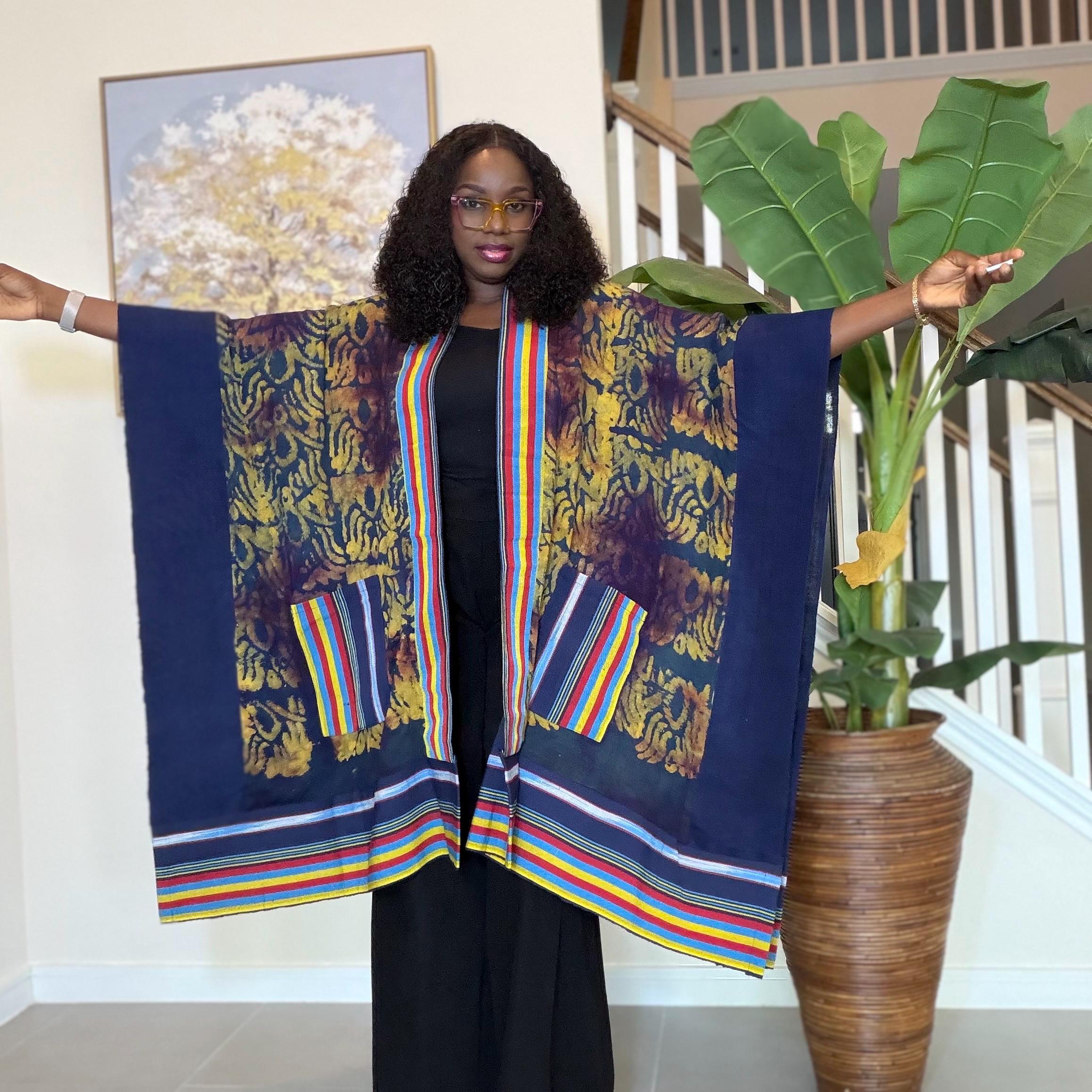Handmade African Adire Aso Oke Kimono: Boho Print Robe