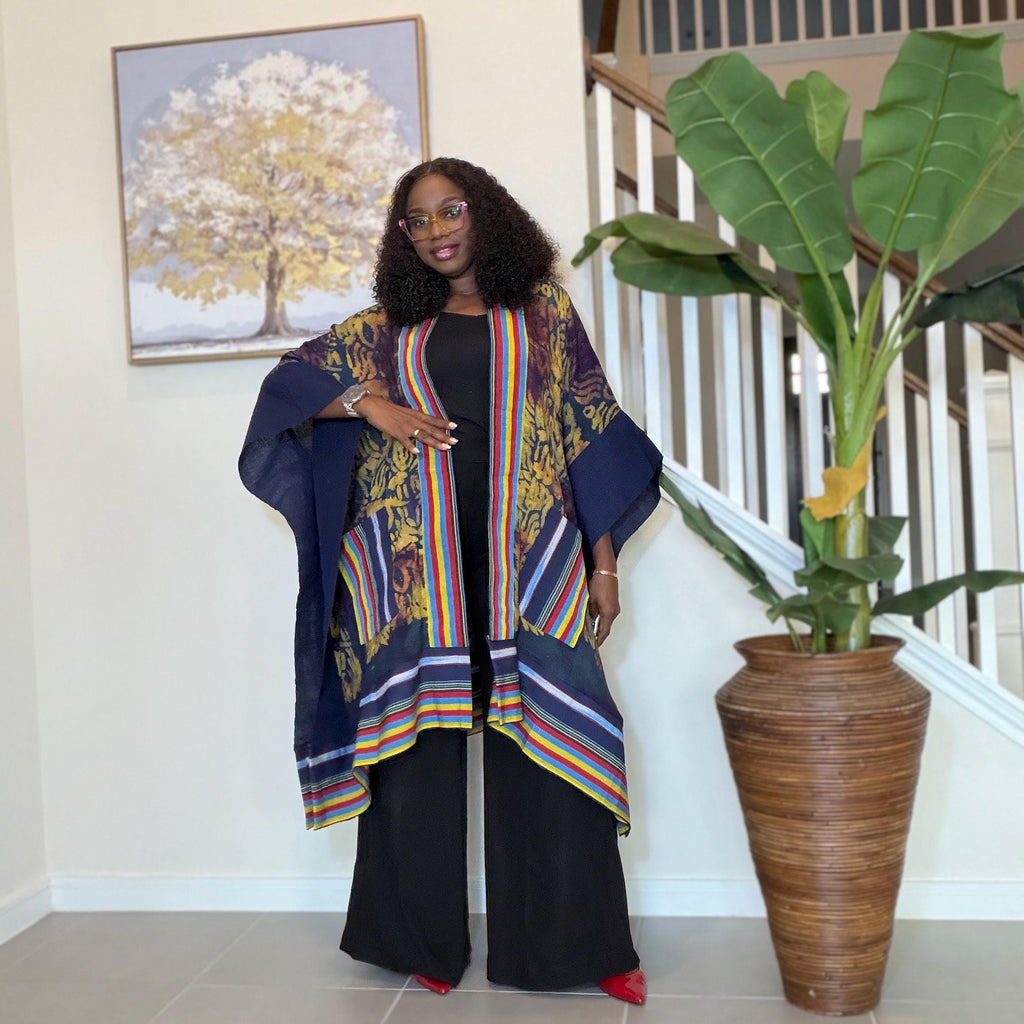 Handmade African Adire Aso Oke Kimono: Boho Print Robe