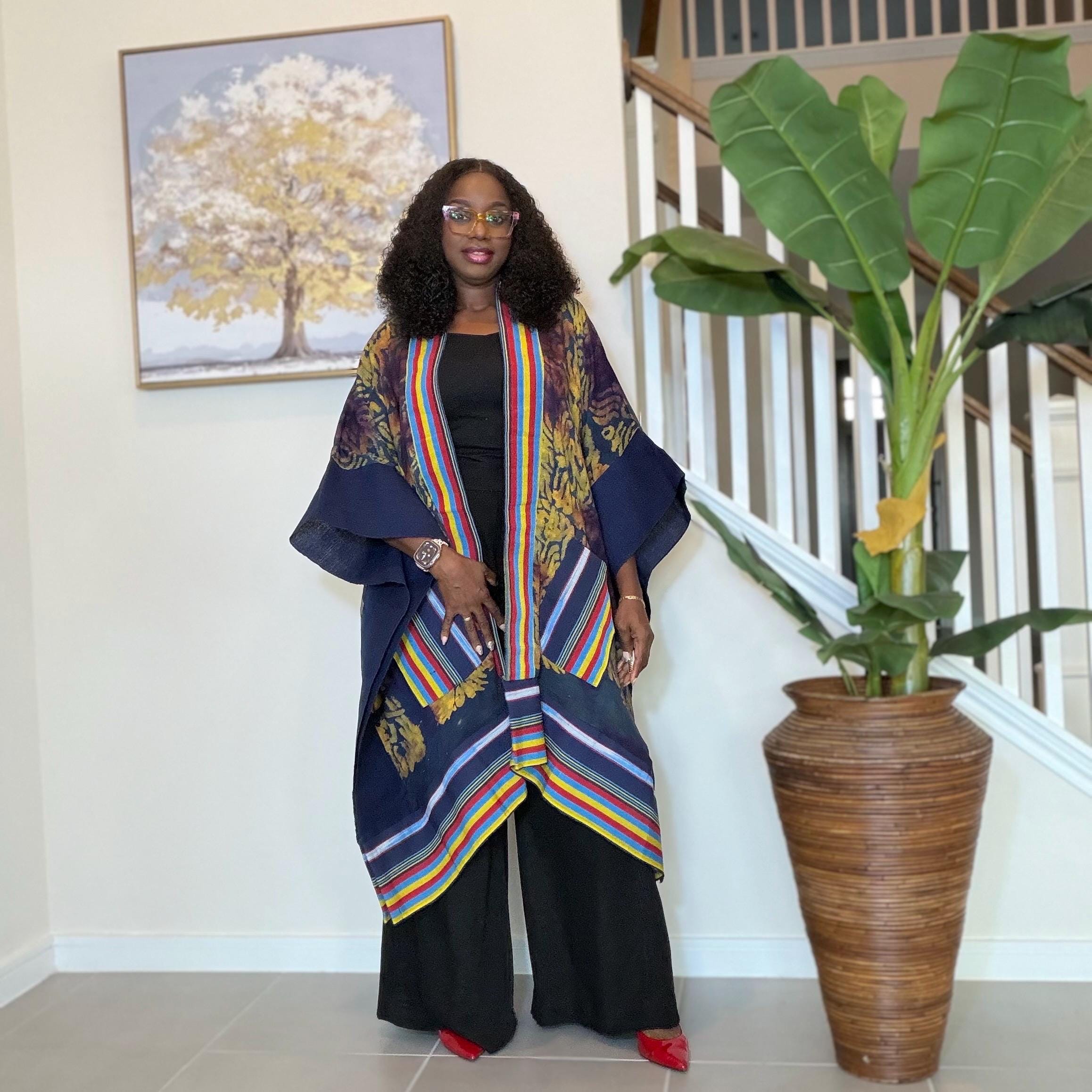 Handmade African Adire Aso Oke Kimono: Boho Print Robe