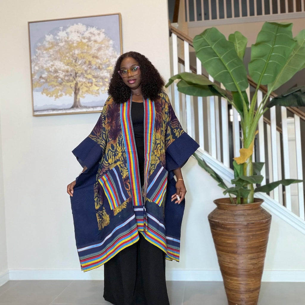 Handmade African Adire Aso Oke Kimono: Boho Print Robe