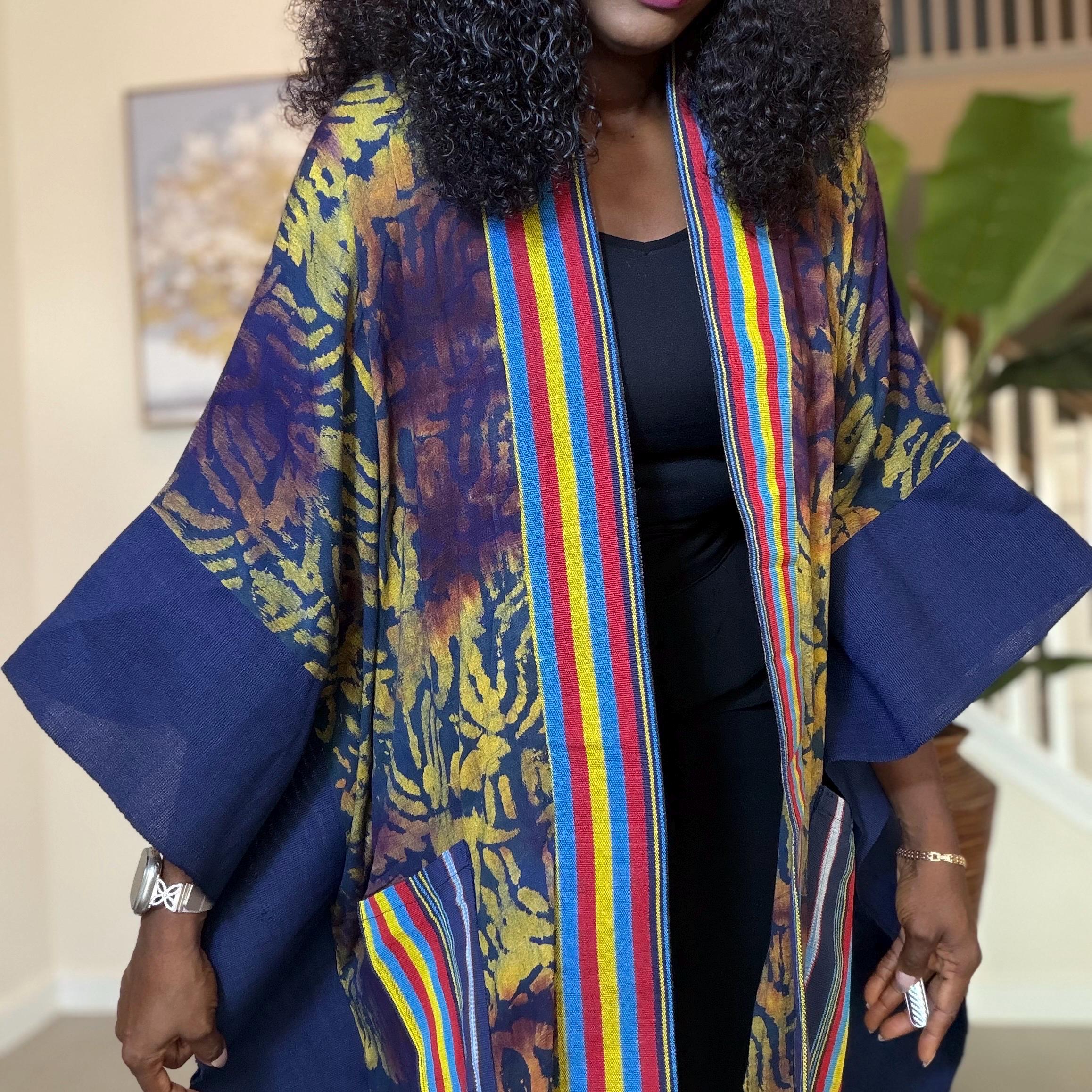 Handmade African Adire Aso Oke Kimono: Boho Print Robe